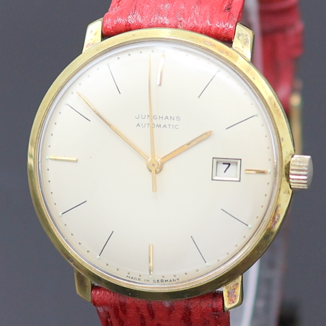 Detail a: JUNGHANS Automatic Kaliber 83E Armbanduhr im vergoldeten Gehäuse, Deutschland um 1960, 2 -tlg. Geh. m. aufgedr. Stahlboden, schlichtes, silb. ...