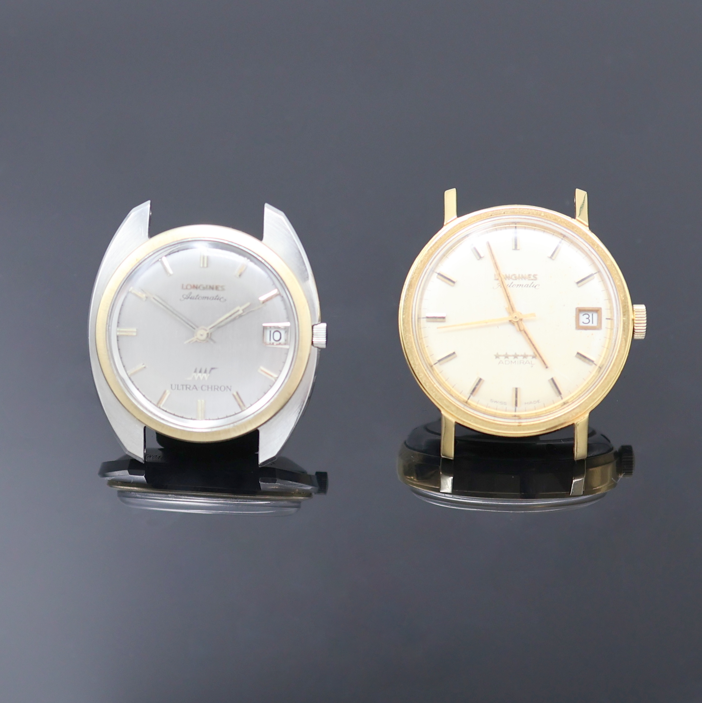 LONGINES 2 Automatikarmbanduhren in Stahl/ vergoldet, Schweiz um 1970, 1) Admiral, verg., verschr. Glasboden in Stahl später, silb. Zifferbl., gold. ...