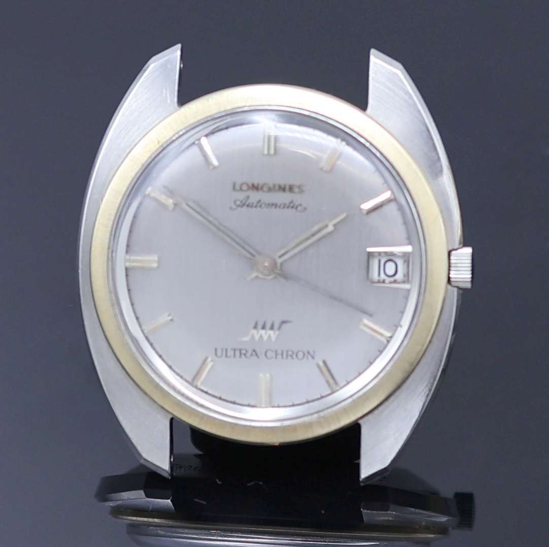 Detail b: LONGINES 2 Automatikarmbanduhren in Stahl/ vergoldet, Schweiz um 1970, 1) Admiral, verg., verschr. Glasboden in Stahl später, silb. Zifferbl., gold. ...