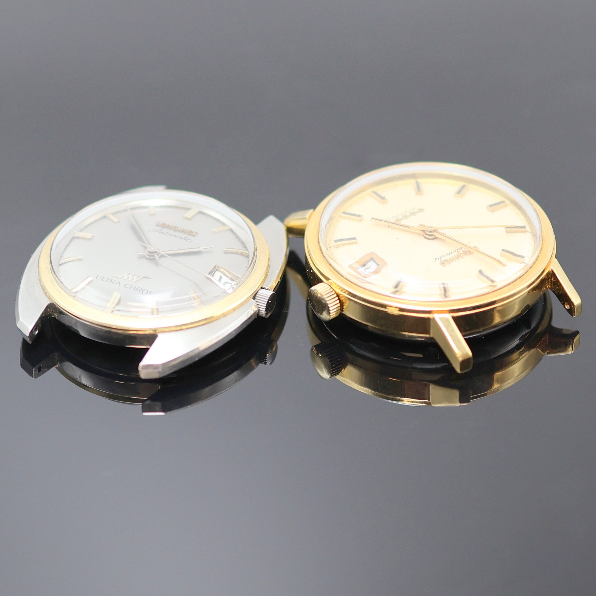 Detail c: LONGINES 2 Automatikarmbanduhren in Stahl/ vergoldet, Schweiz um 1970, 1) Admiral, verg., verschr. Glasboden in Stahl später, silb. Zifferbl., gold. ...