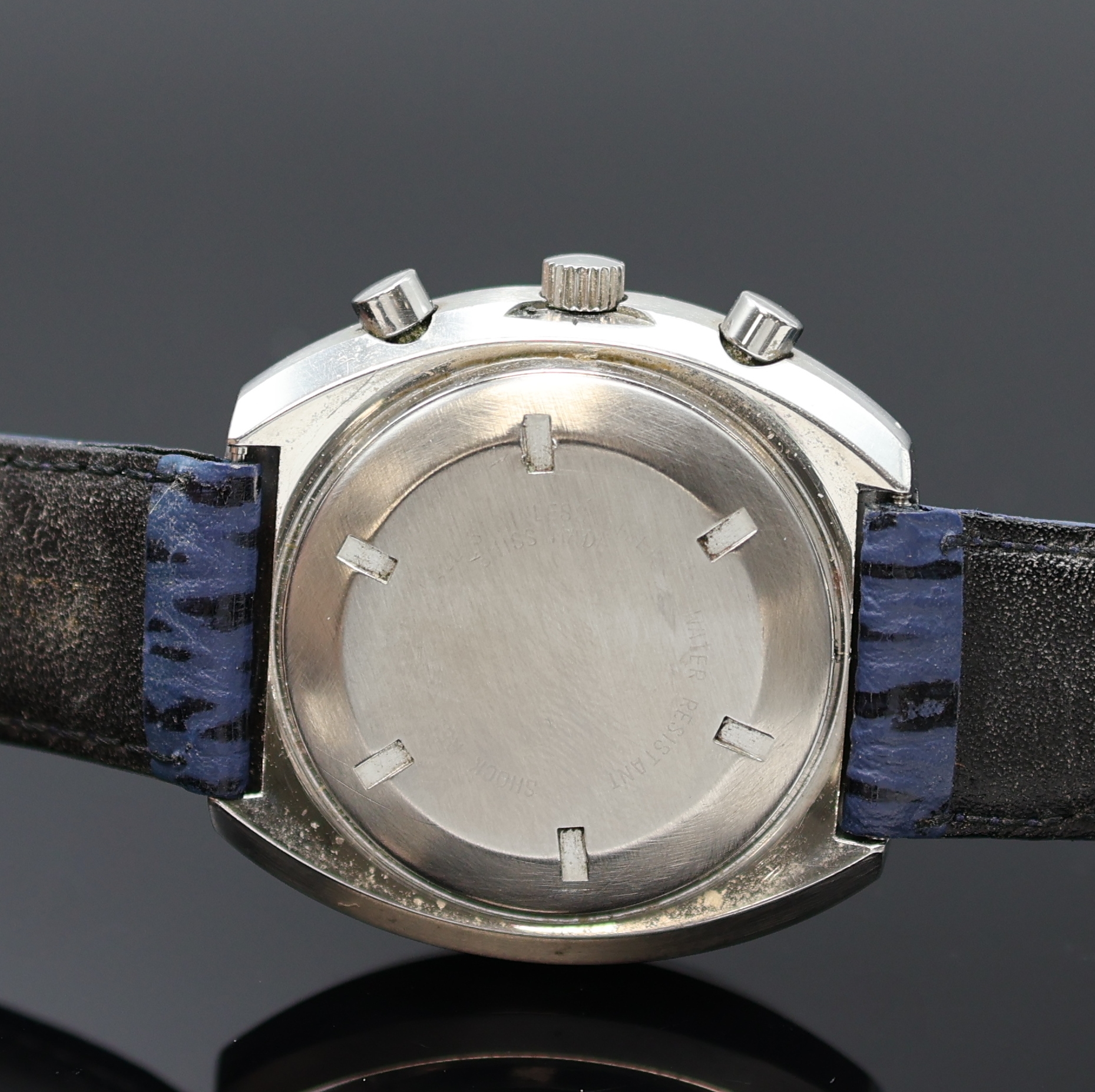 Detail c: KELEK TBD Automatic Herrenchronograph in Stahl, Schweiz um 1975, 2-tlg. Geh., Boden verschr., blaues Zifferbl., äußere schwarze Tachymeterskala, ...