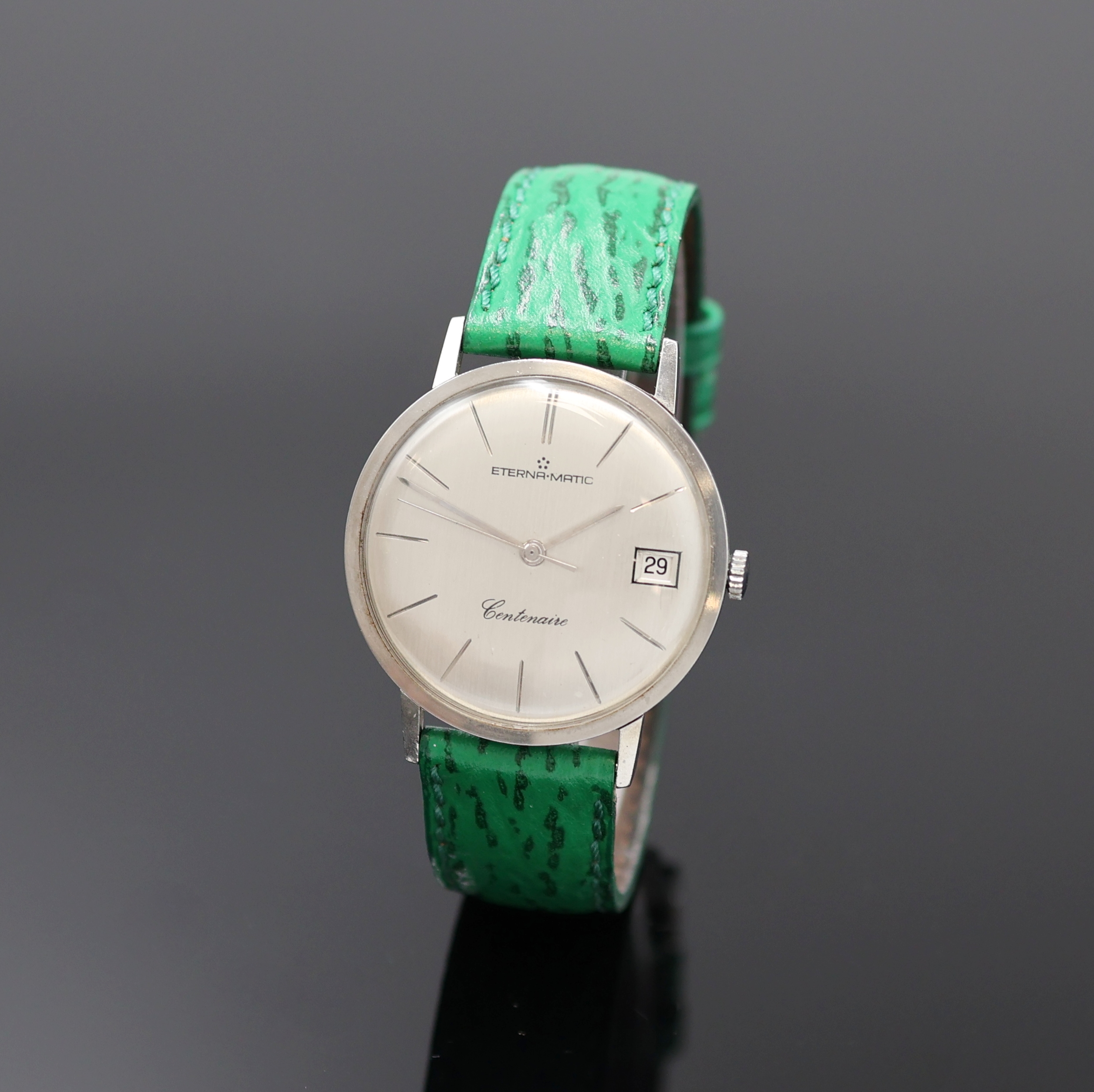 ETERNA-MATIC Centenaire Armbanduhr in Stahl, Schweiz um 1965, Automatik, flaches 3-tlg. Geh., Boden u. Glasrand aufgedr., silb. Zifferbl. rest., ...
