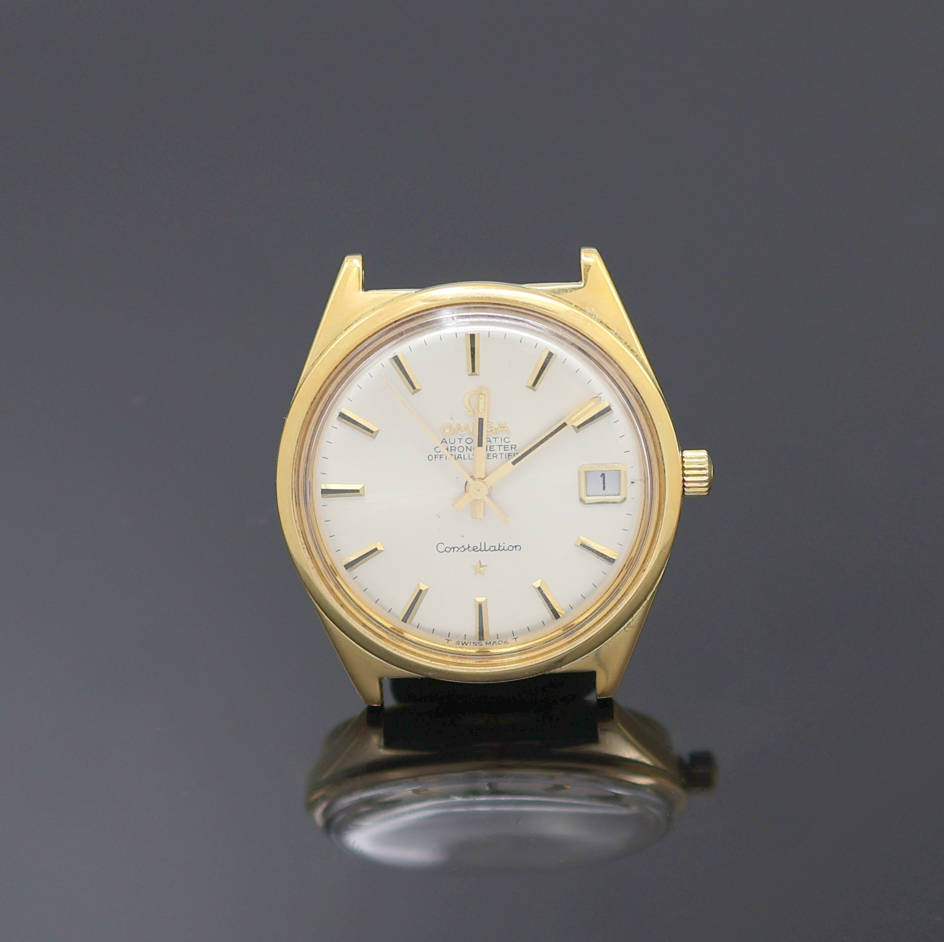 OMEGA Constellation vergoldete Armbanduhr, Schweiz um 1968, Automatik, 2-tlg. Geh. ohne Band, rücks. Verglasung später, silb. Zifferbl. m. aufges. ...
