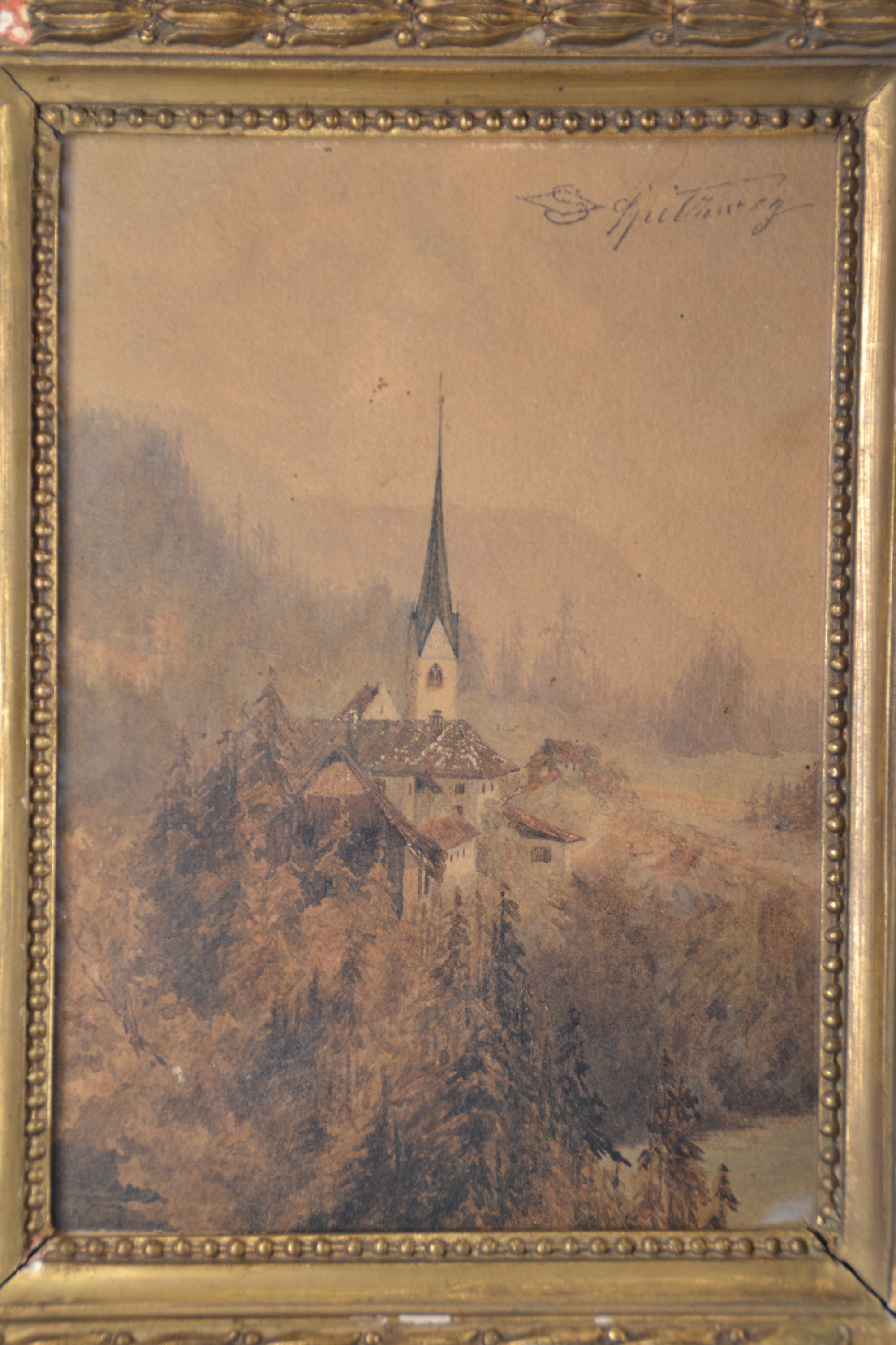 Detail a: Carl Spitzweg, 1808-1885 München, Kirche in bewaldeter Landschaft, Aquarell und Tusche auf Papier, rechts oben Nachlass- Stempel (Lugt 2307), ca. ...
