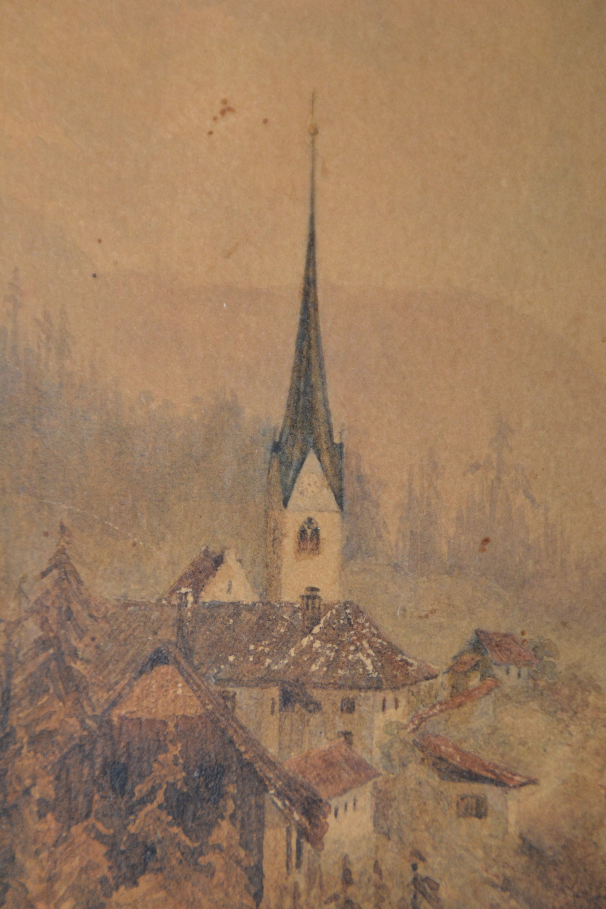 Detail b: Carl Spitzweg, 1808-1885 München, Kirche in bewaldeter Landschaft, Aquarell und Tusche auf Papier, rechts oben Nachlass- Stempel (Lugt 2307), ca. ...