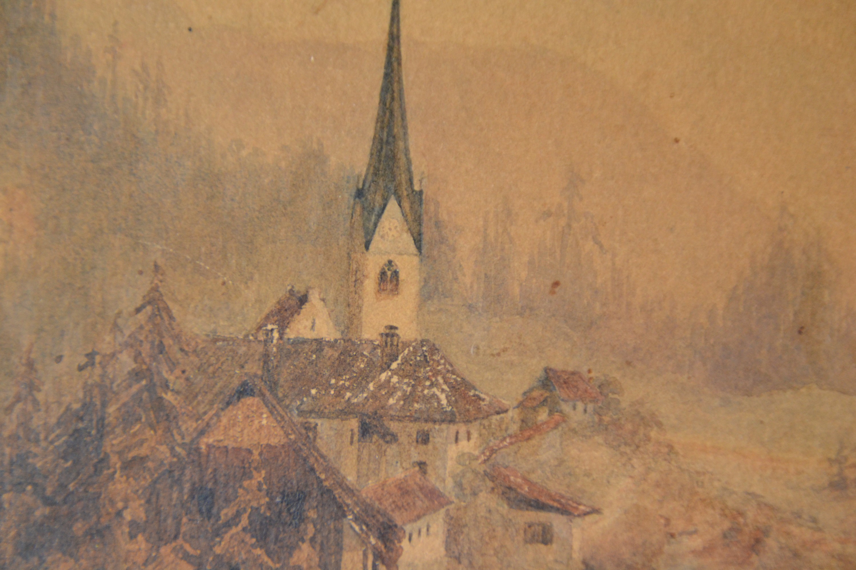 Detail c: Carl Spitzweg, 1808-1885 München, Kirche in bewaldeter Landschaft, Aquarell und Tusche auf Papier, rechts oben Nachlass- Stempel (Lugt 2307), ca. ...