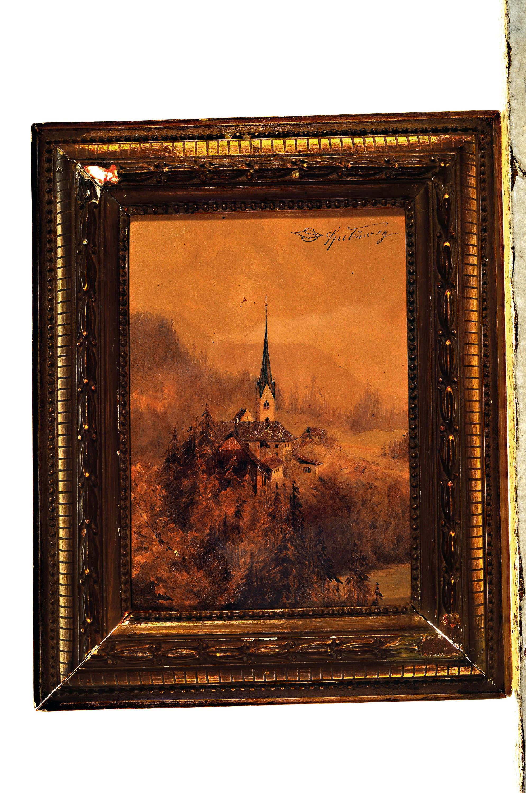 Detail k: Carl Spitzweg, 1808-1885 München, Kirche in bewaldeter Landschaft, Aquarell und Tusche auf Papier, rechts oben Nachlass- Stempel (Lugt 2307), ca. ...