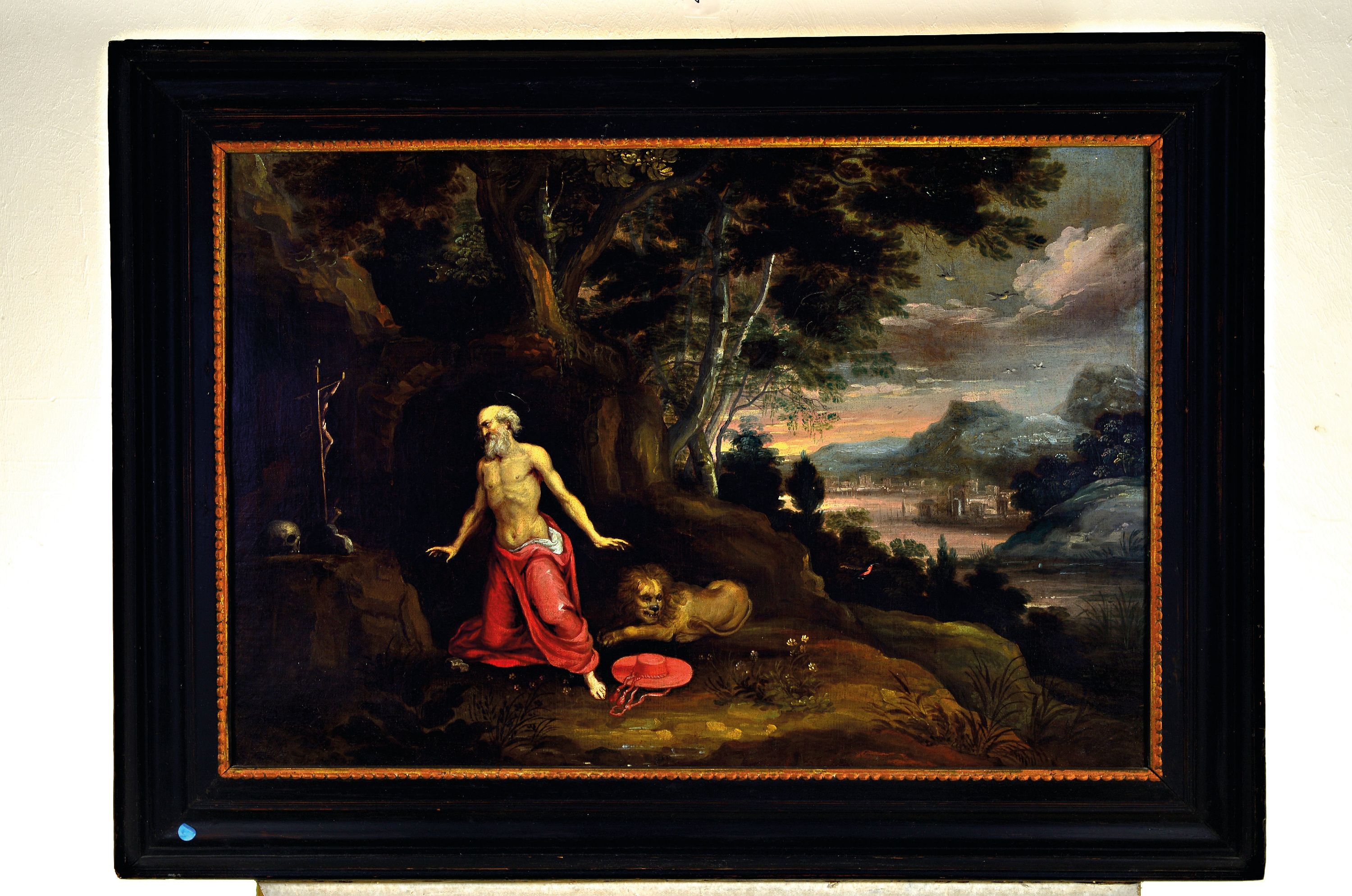 Detail k: Unbekannter Künstler des 18.Jh., der heiligeHieronymus mit dem Löwen, darstellung des Asketen im Gebet vor seiner Behausung, rechts Ausblick über ...