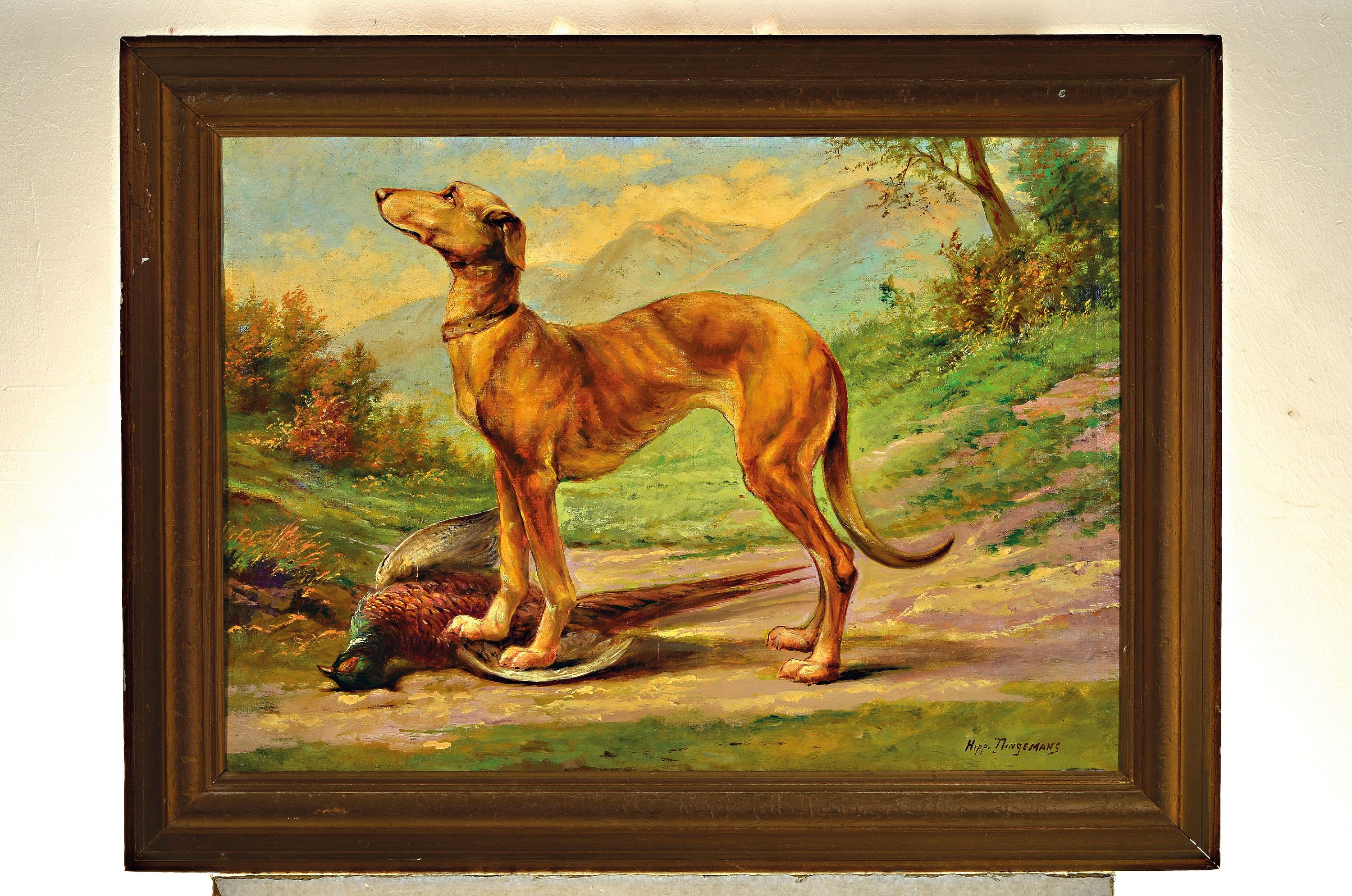 Detail k: Hippolyte Thurgemans, Maler des 19./20.Jh., Jagdhund mit erlegtem Fasan, rechts unten signiert, links unten Lwd-Schaden, Öl/Lwd, 56x81 cm, Rahmen ...