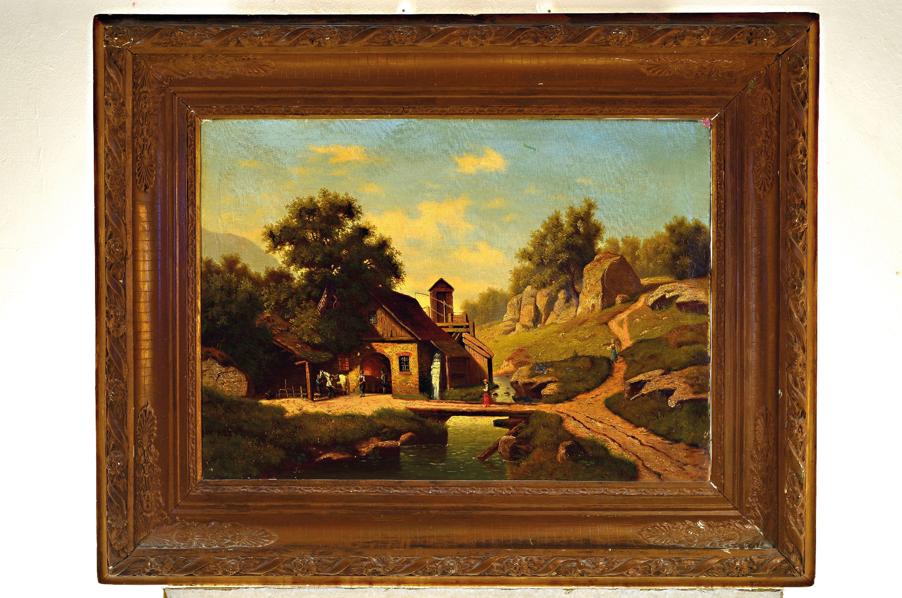 Detail k: Turk, Maler der 2. Hälfte des 19. Jh., Wassermühle mit Schmiede, Figurenstaffage, li.u. sign., ein kl. rest. Lwd-Schaden, ca. 46x65cm, R.