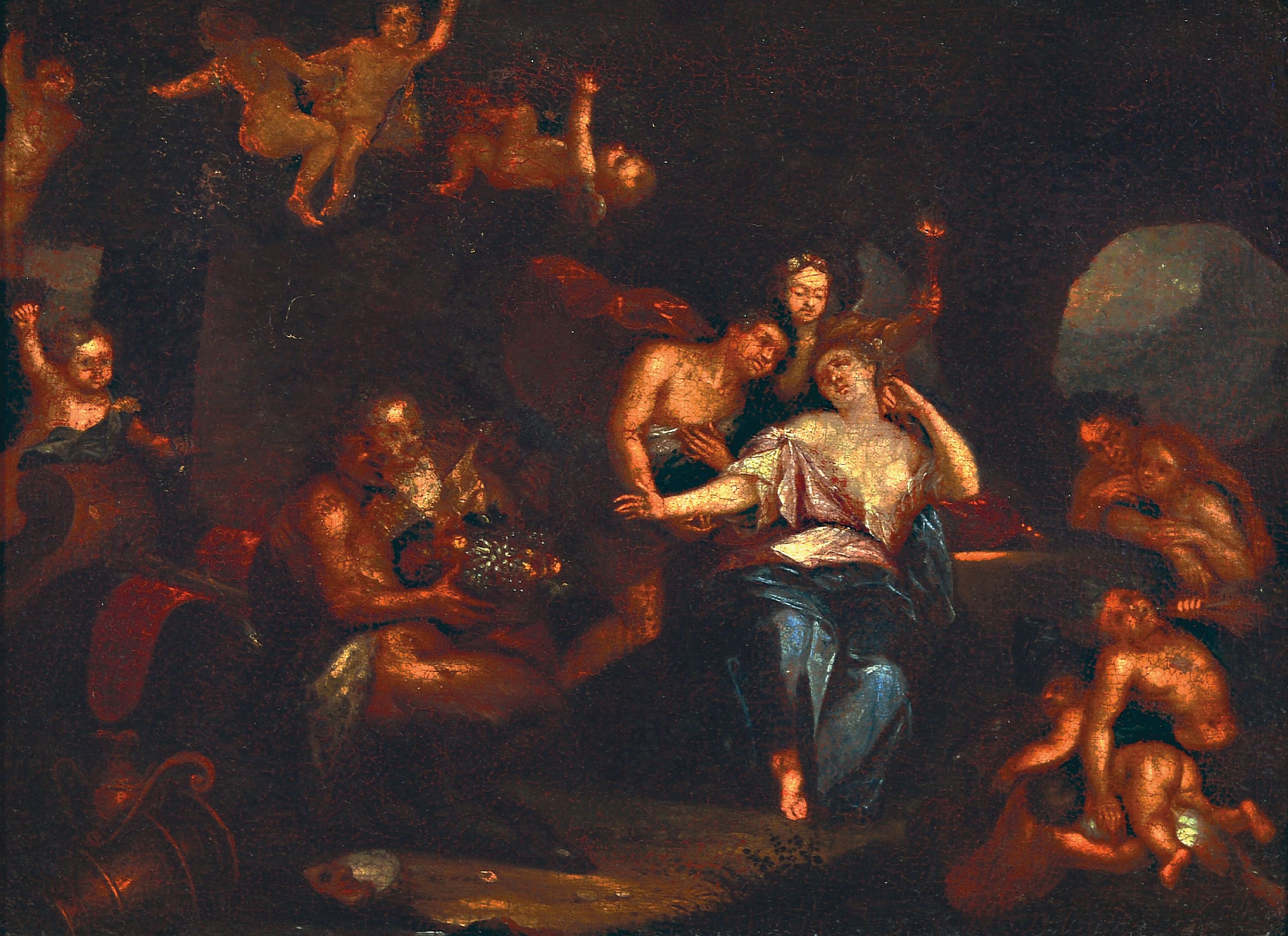 Unbekannter Barockmaler des 17./18.Jh., bacchantische Szene, Etikett im Verweis auf Abraham van Nuyssen (1567-1932), Öl/Lwd, rest., 43x60 cm, Rahmen ...