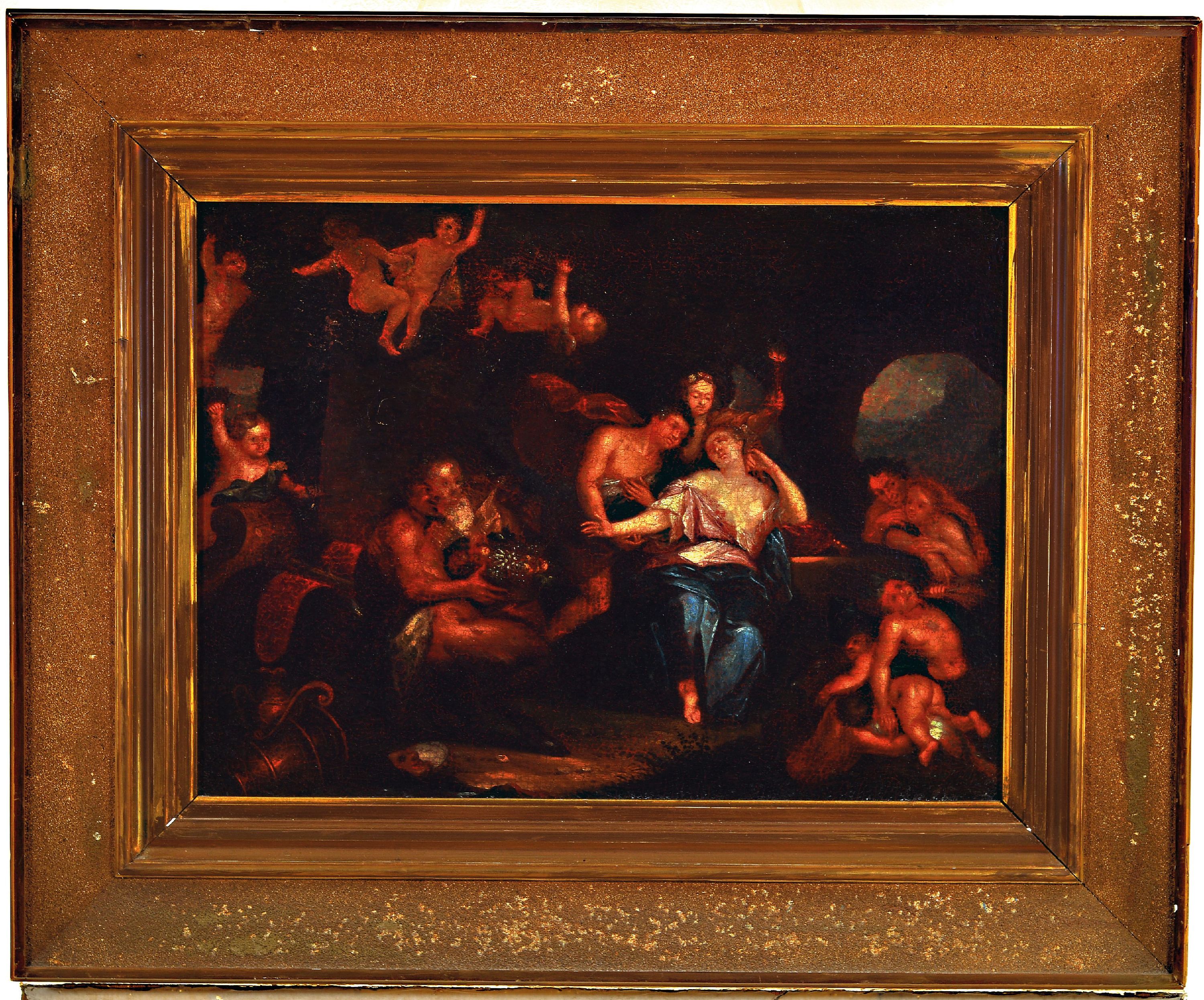Detail k: Unbekannter Barockmaler des 17./18.Jh., bacchantische Szene, Etikett im Verweis auf Abraham van Nuyssen (1567-1932), Öl/Lwd, rest., 43x60 cm, Rahmen ...