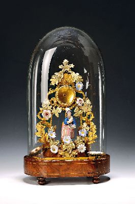 Image 26981527 - Tischuhr mit Spindeluhrwerk, unter Glasdom, Frankreich, um 1860, Holzsockel mit ...