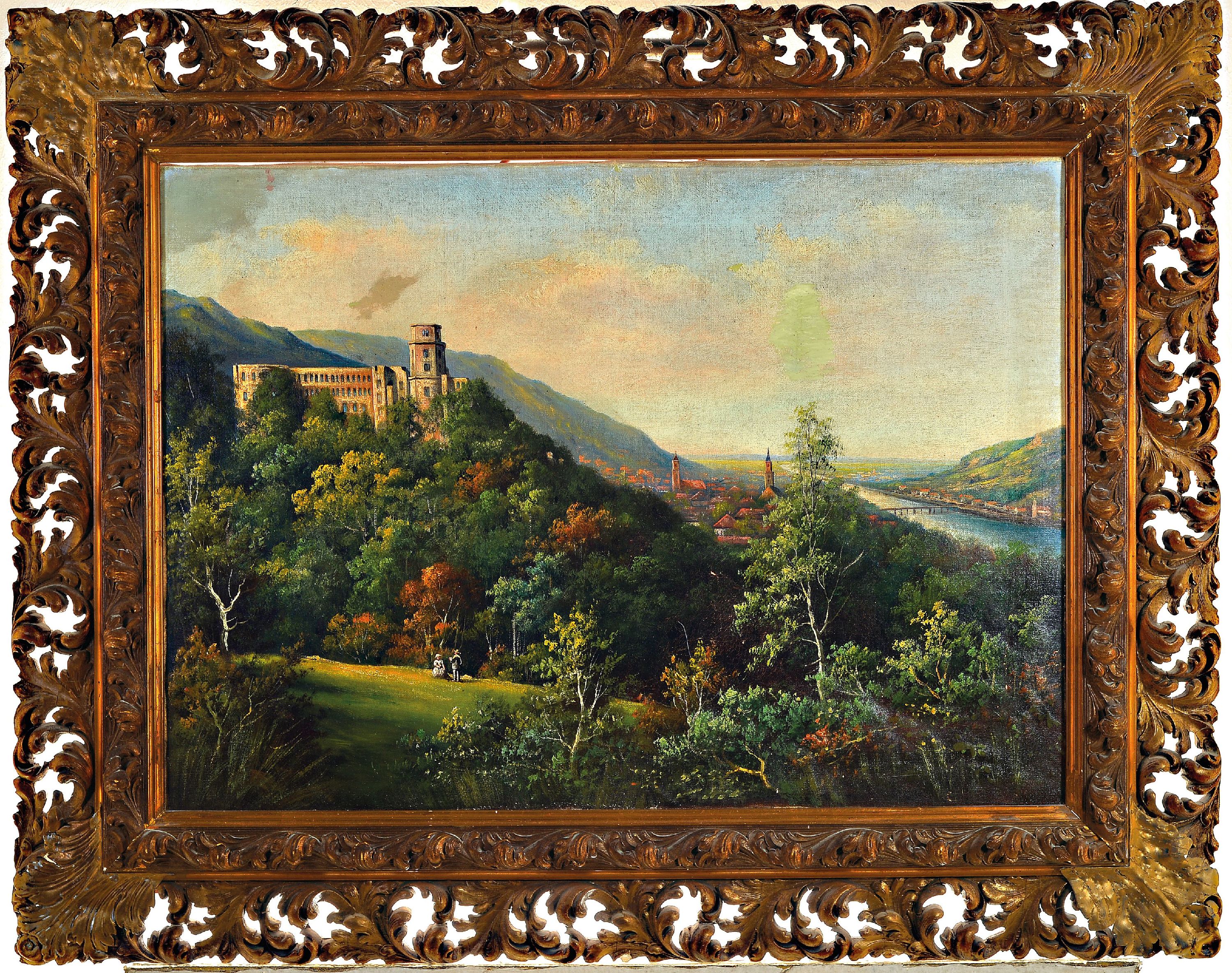 Detail k: Unbekannter Künstler des ausgehenden 19.Jh.,Ansicht von Heidelberg, Öl/Lwd, unsigniert, verso bez. Rich. Häveck..?, stark restauriert,50x70 cm, ...