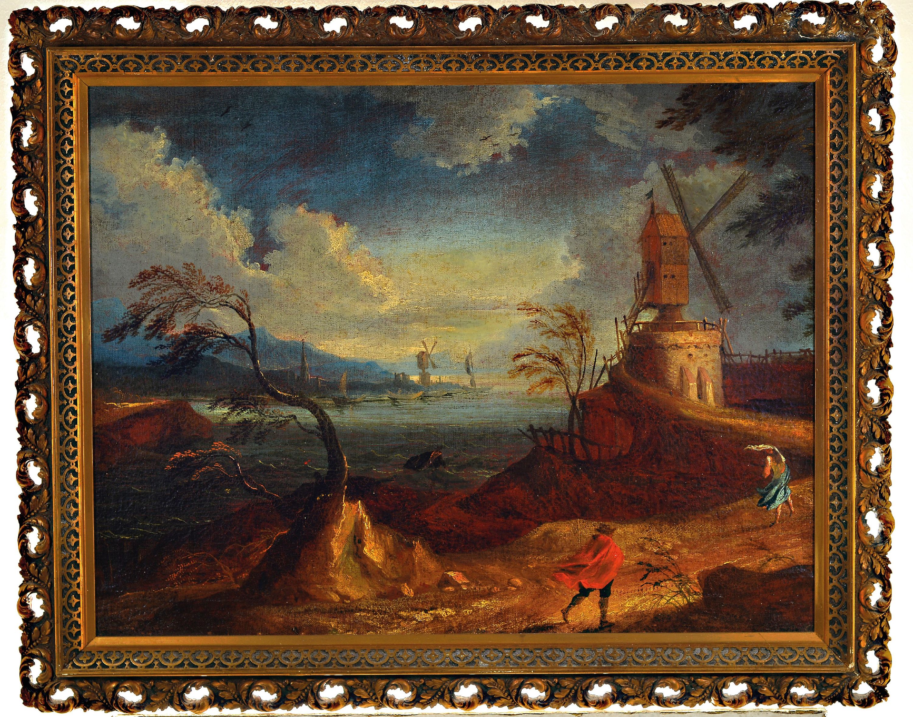 Detail k: Niederländischer Künstler des 18.Jh., niederländische Küstenlandschaft mit Windmühlen und Personenstaffage, Öl/Lwd, rest., 62x80 cm, Rahmen ...
