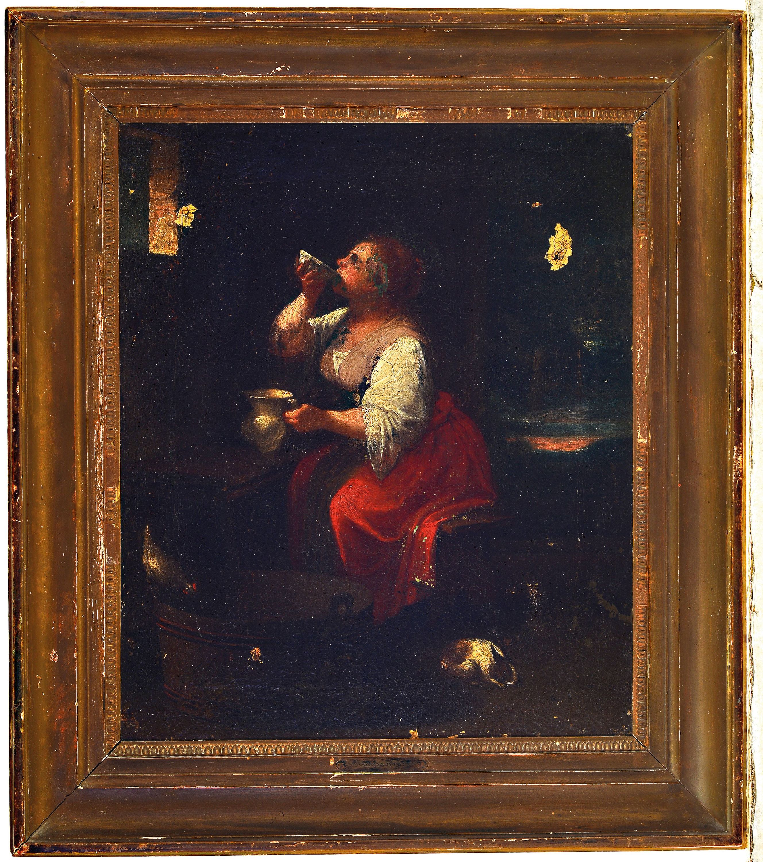 Detail k: Unbekannter Künstler des 18.Jh., Interieur mit Magd beim Milch trinken, stark beschädigt unsigniert, 46 x 38 cm, R. 60 x 50 cm