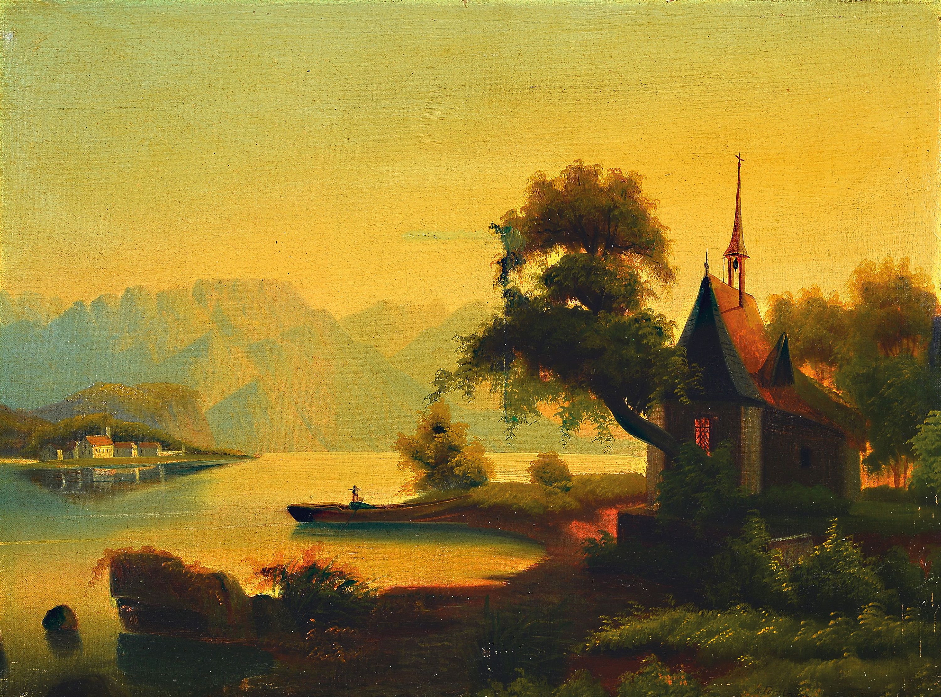 Image 26981635 - Arnold Forstmann, 1842-1904, Seenlandschaft,stark restauriert, rechts unten signiert, 46 ...