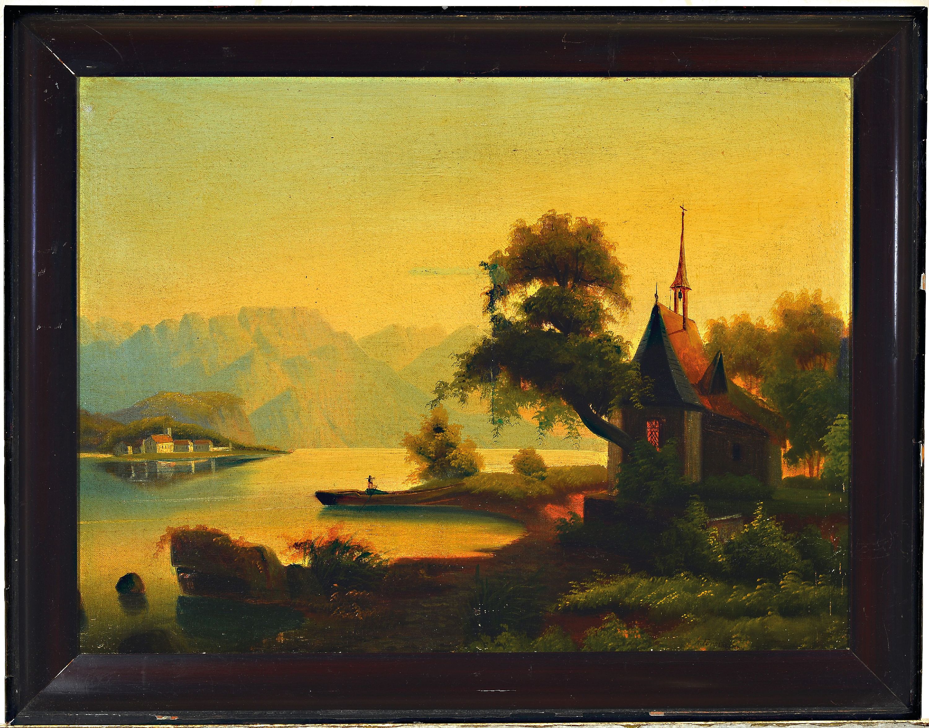 Detail k: Arnold Forstmann, 1842-1904, Seenlandschaft,stark restauriert, rechts unten signiert, 46 x 62 cm, m. R. 54 x 68 cm