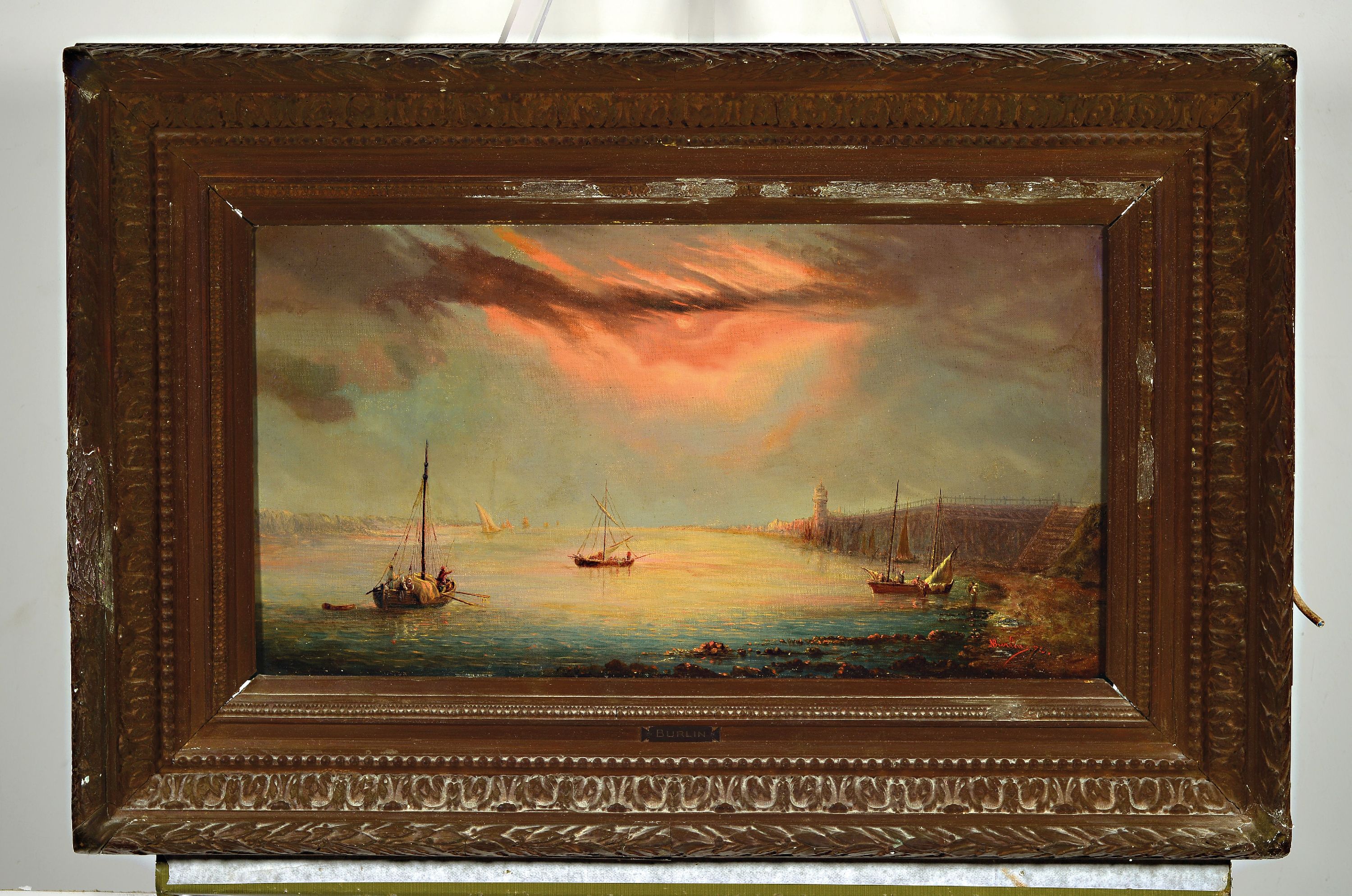 Detail k: Natalie Burlin, 1875-1921, südliche Hafenlandschaft bei Sonnenuntergang, rechts unten signiert in rot und datiert 1892 oder 1902, Öl/Lwd, ...