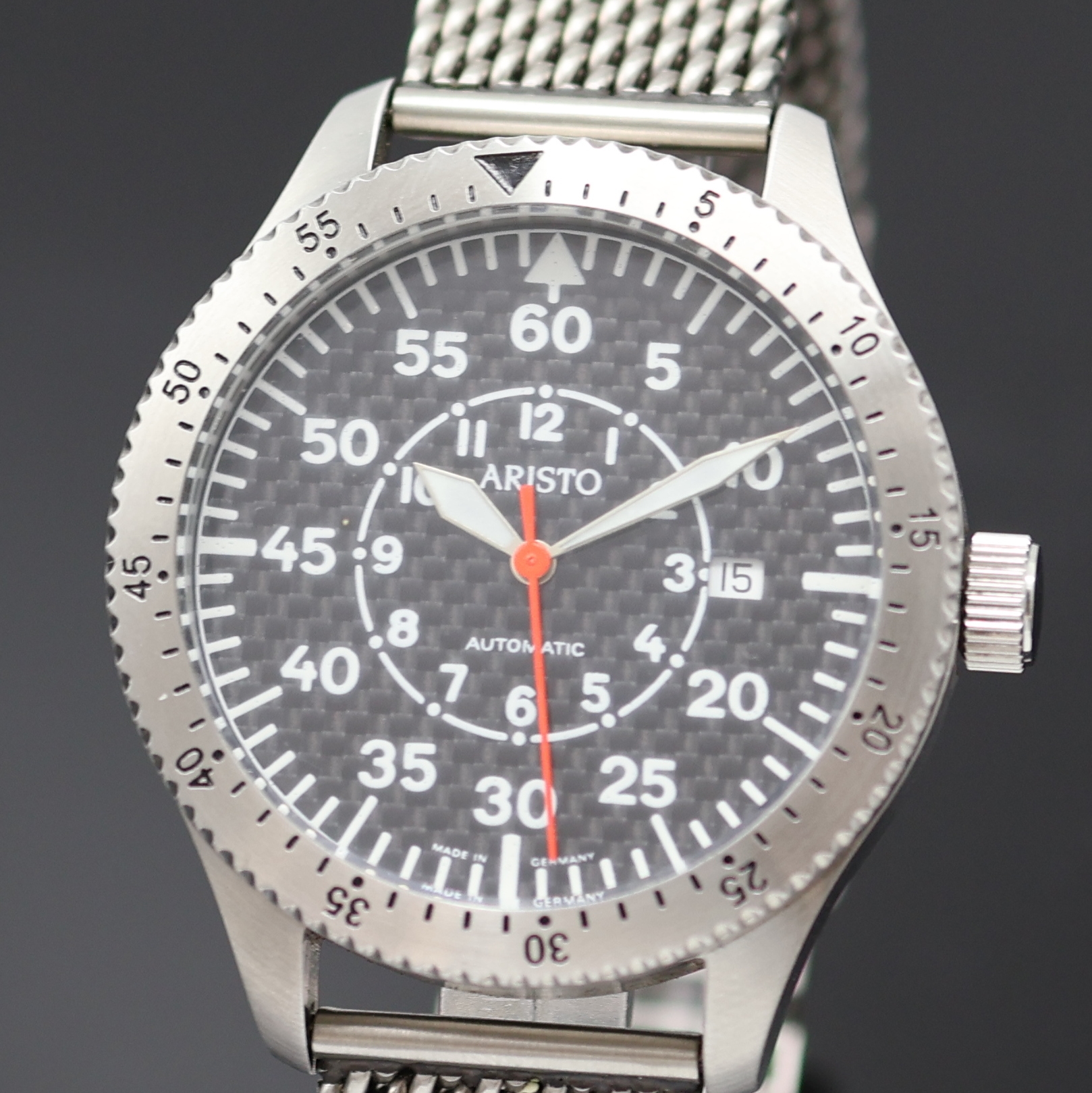 Detail a: ARISTO Herrenarmbanduhr in Stahl, Deutschland um 2015, Automatik, beids. vergl. Geh., Boden verschr., neutr. Stahlband, Lünette m. 60er Teilung ...