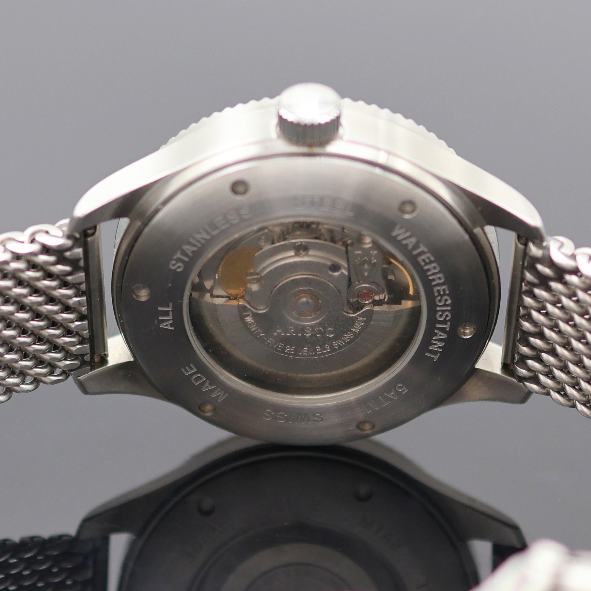 Detail d: ARISTO Herrenarmbanduhr in Stahl, Deutschland um 2015, Automatik, beids. vergl. Geh., Boden verschr., neutr. Stahlband, Lünette m. 60er Teilung ...