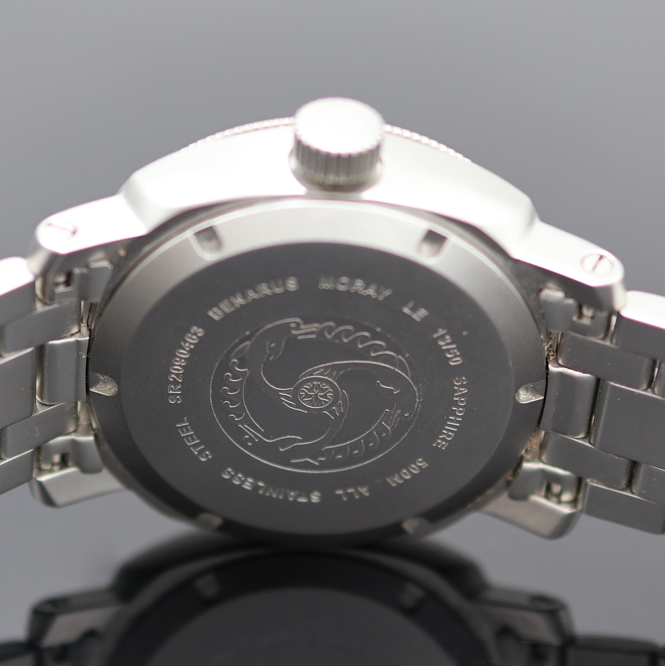 Detail d: BENARUS Moray auf 50 Stück limitierte Herrenarmbanduhr in Stahl, Deutschland um 2009, Automatik, massives Geh., inkl. orig. Gliederband m. dopp. ...
