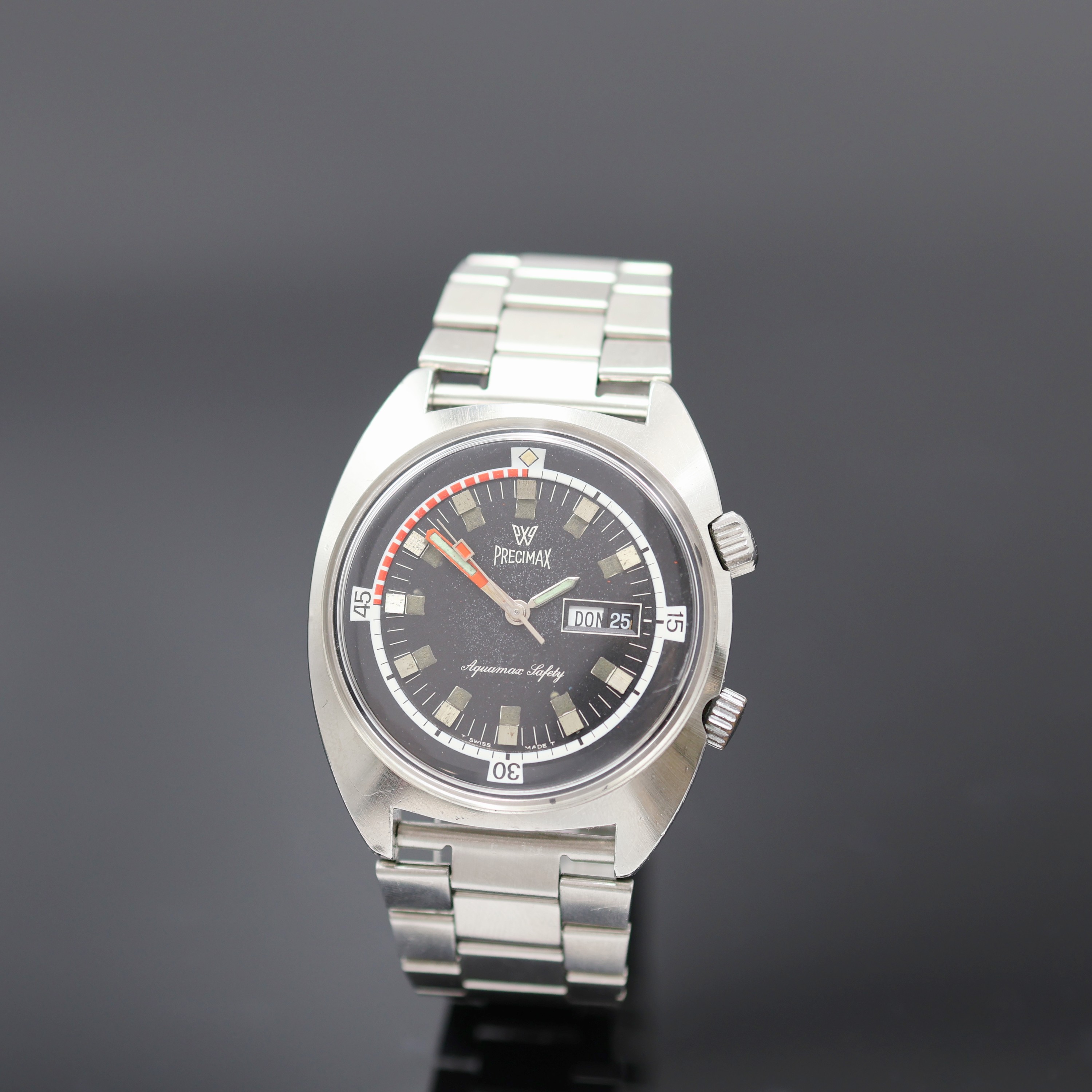 PRECIMAX Aquamax Taucherarmbanduhr in Stahl,Schweiz um 1970, Automatik, verschr. Super- Kompressor Geh., Boden m. Tauchersymbol verschr., schwarze ...