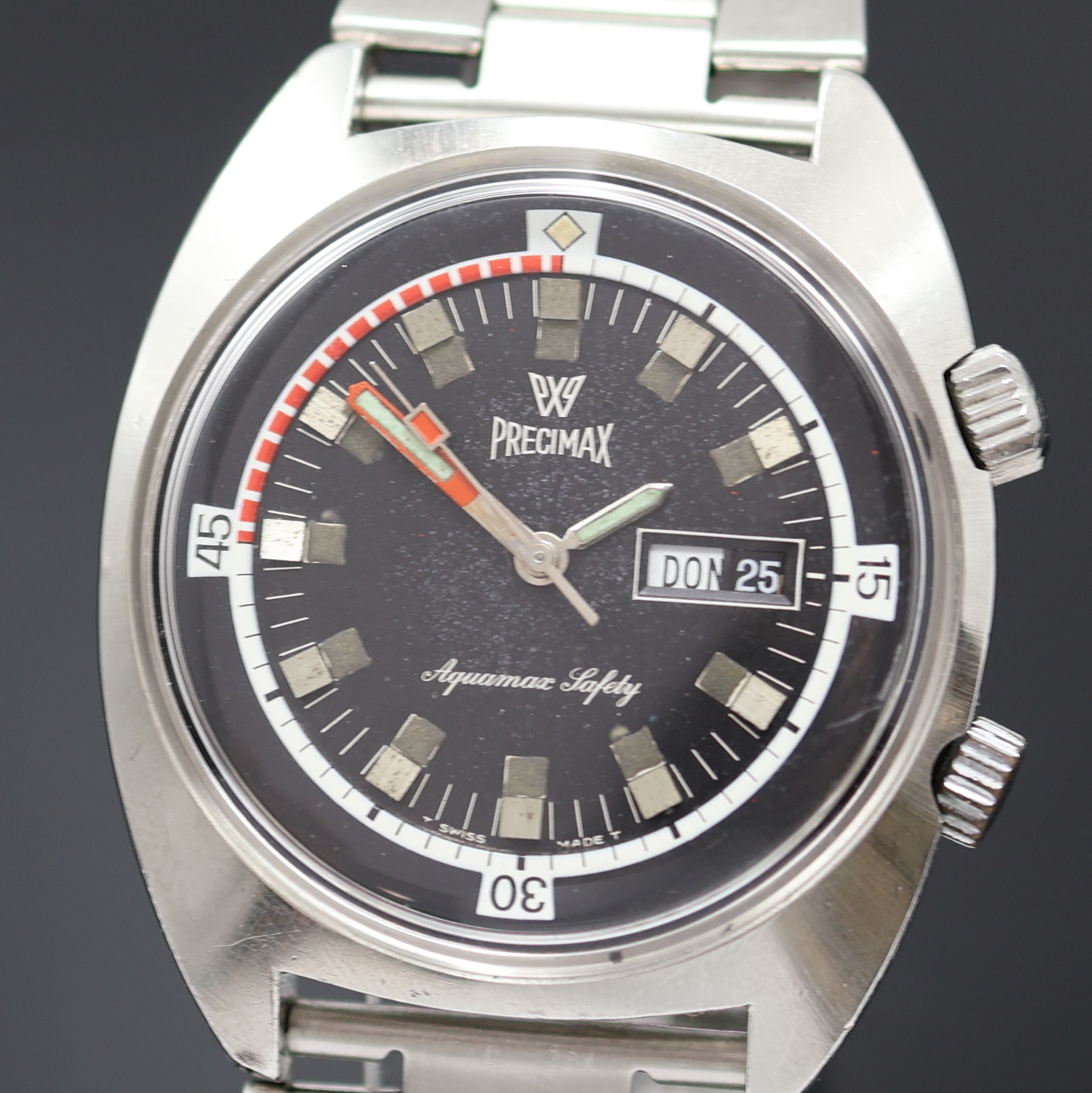 Detail a: PRECIMAX Aquamax Taucherarmbanduhr in Stahl,Schweiz um 1970, Automatik, verschr. Super- Kompressor Geh., Boden m. Tauchersymbol verschr., schwarze ...