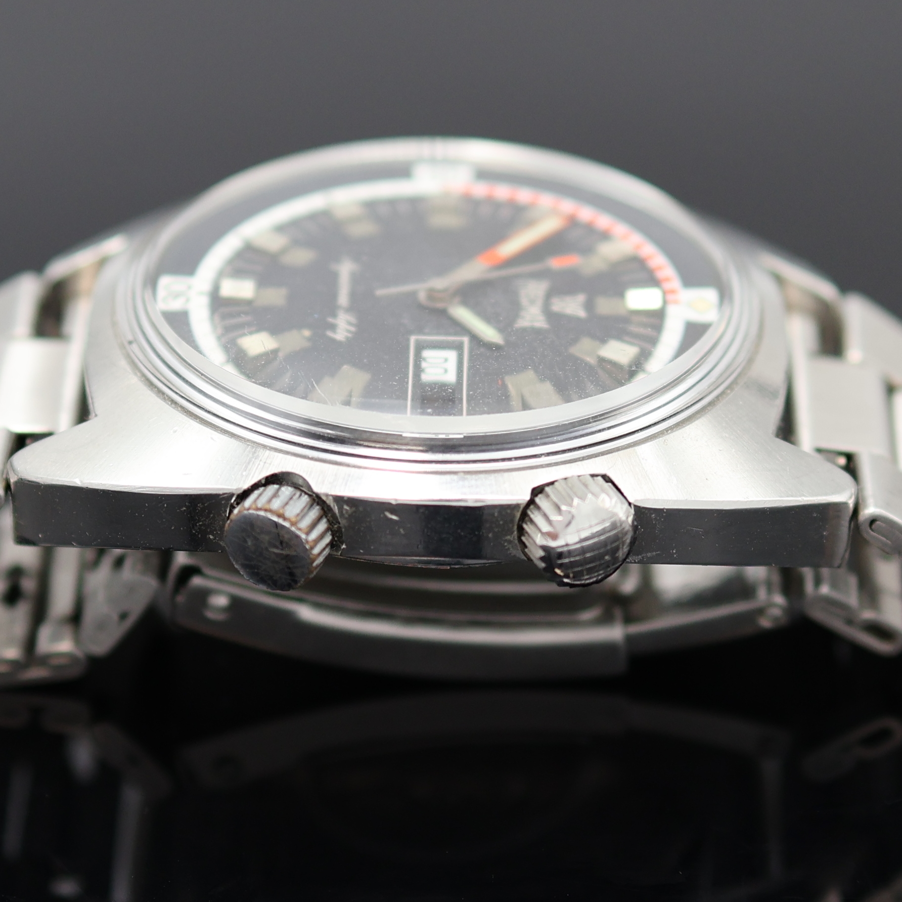 Detail c: PRECIMAX Aquamax Taucherarmbanduhr in Stahl,Schweiz um 1970, Automatik, verschr. Super- Kompressor Geh., Boden m. Tauchersymbol verschr., schwarze ...