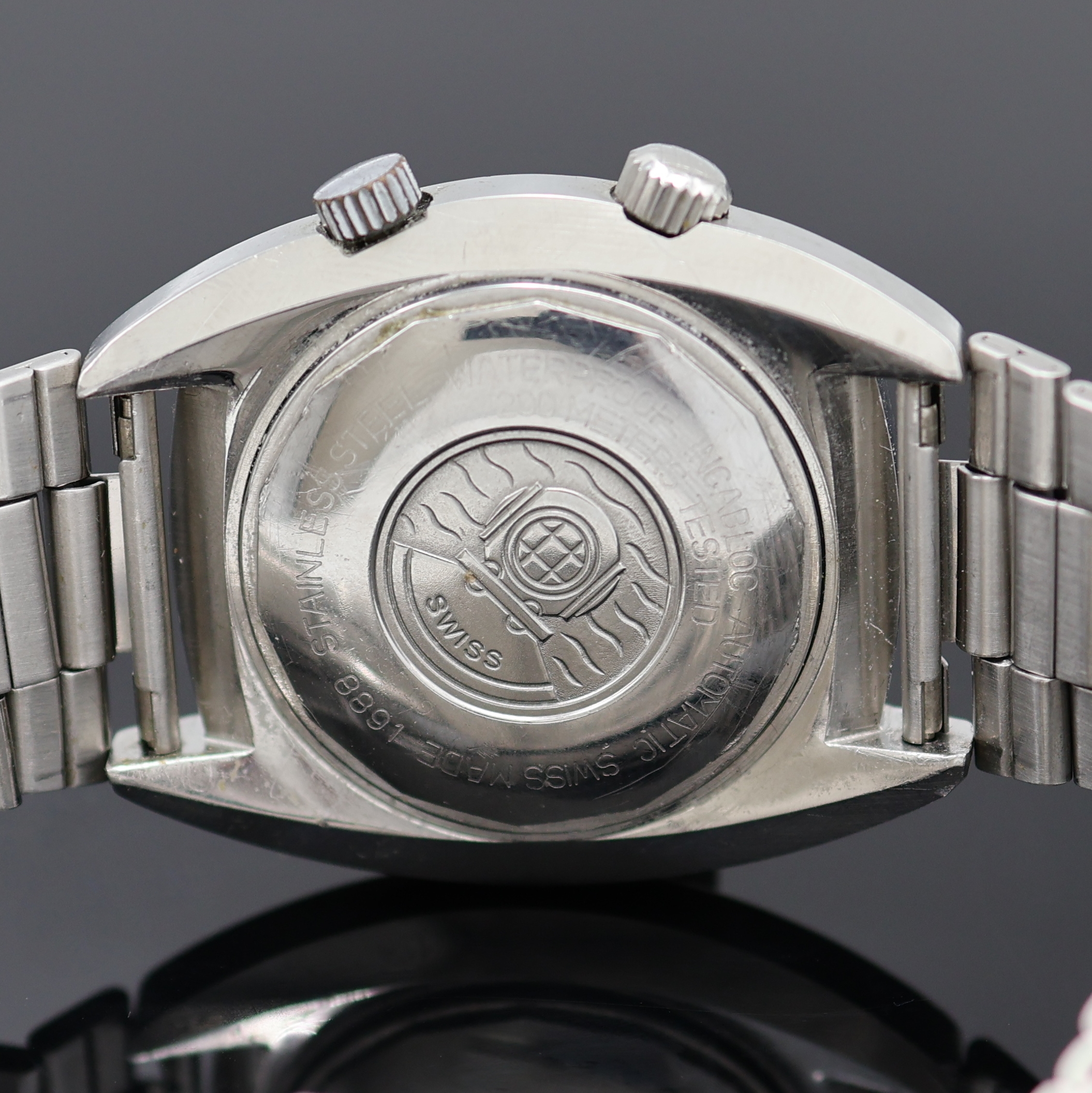 Detail d: PRECIMAX Aquamax Taucherarmbanduhr in Stahl,Schweiz um 1970, Automatik, verschr. Super- Kompressor Geh., Boden m. Tauchersymbol verschr., schwarze ...
