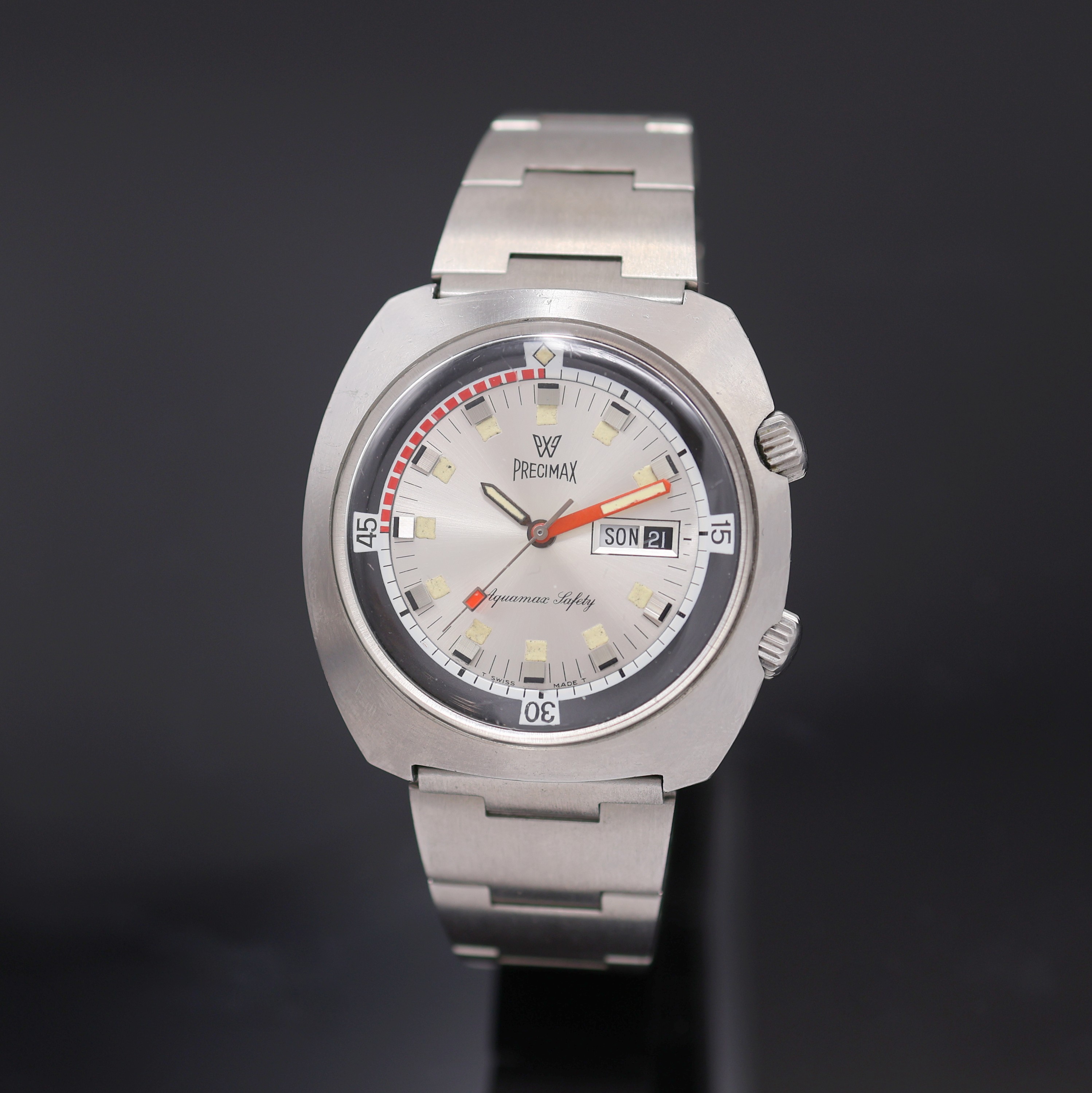 PRECIMAX Aquamax Taucherarmbanduhr in Stahl, Schweiz um 1970, Automatik, verschr. Super- Kompressor Geh., Boden m. Tauchersymbol verschr., schwarze ...