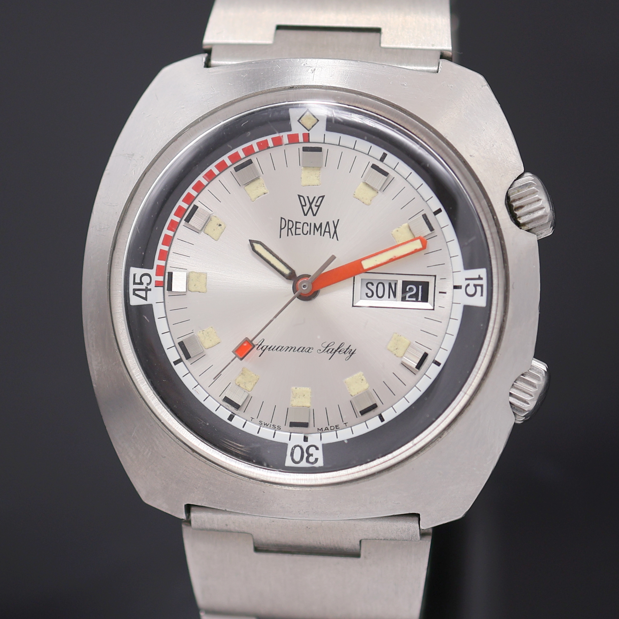 Detail a: PRECIMAX Aquamax Taucherarmbanduhr in Stahl, Schweiz um 1970, Automatik, verschr. Super- Kompressor Geh., Boden m. Tauchersymbol verschr., schwarze ...