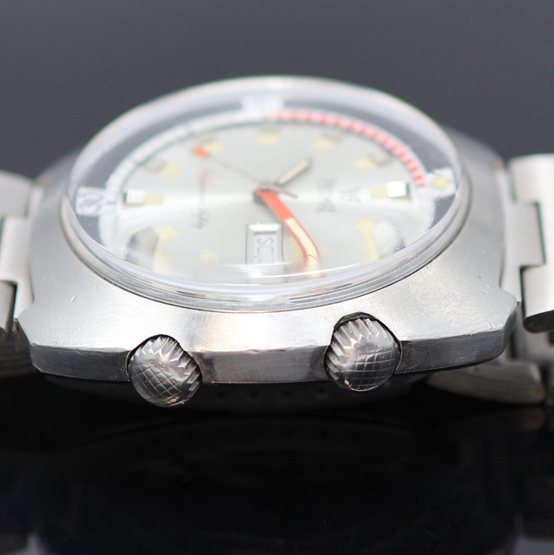 Detail c: PRECIMAX Aquamax Taucherarmbanduhr in Stahl, Schweiz um 1970, Automatik, verschr. Super- Kompressor Geh., Boden m. Tauchersymbol verschr., schwarze ...