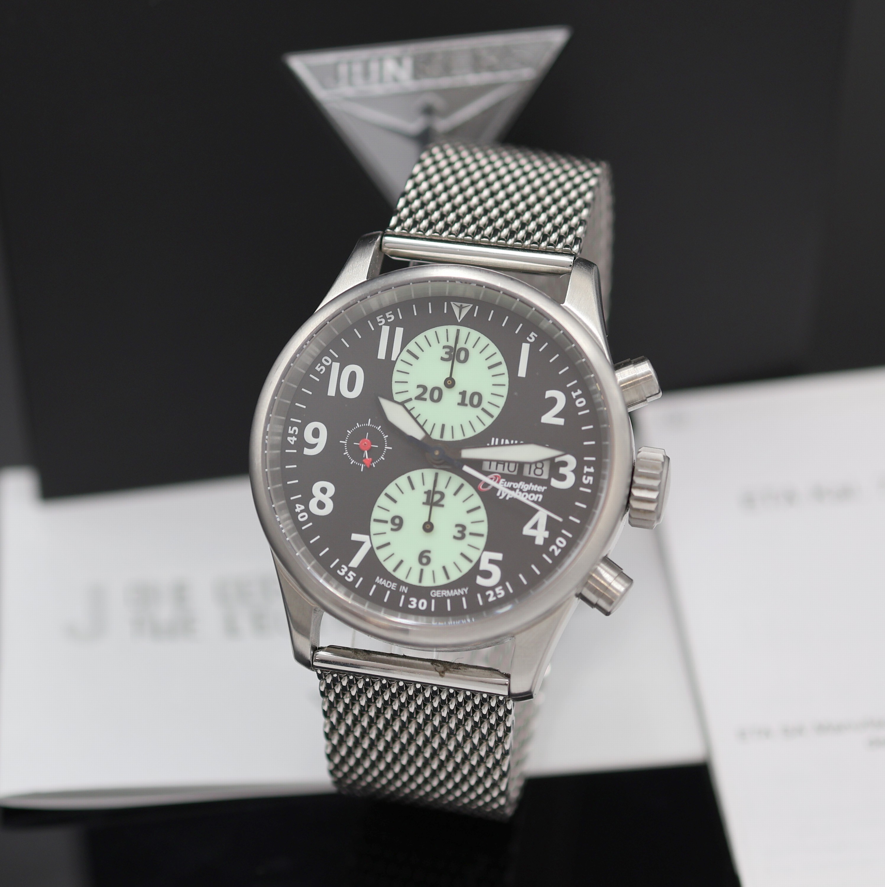 JUNKERS Eurofighter Typhoon auf 1000 Stück limitierter Armbandchronograph, Schweiz um 2010, Automatik, beids. vergl. Edelstahlgeh., Boden verschr., ...