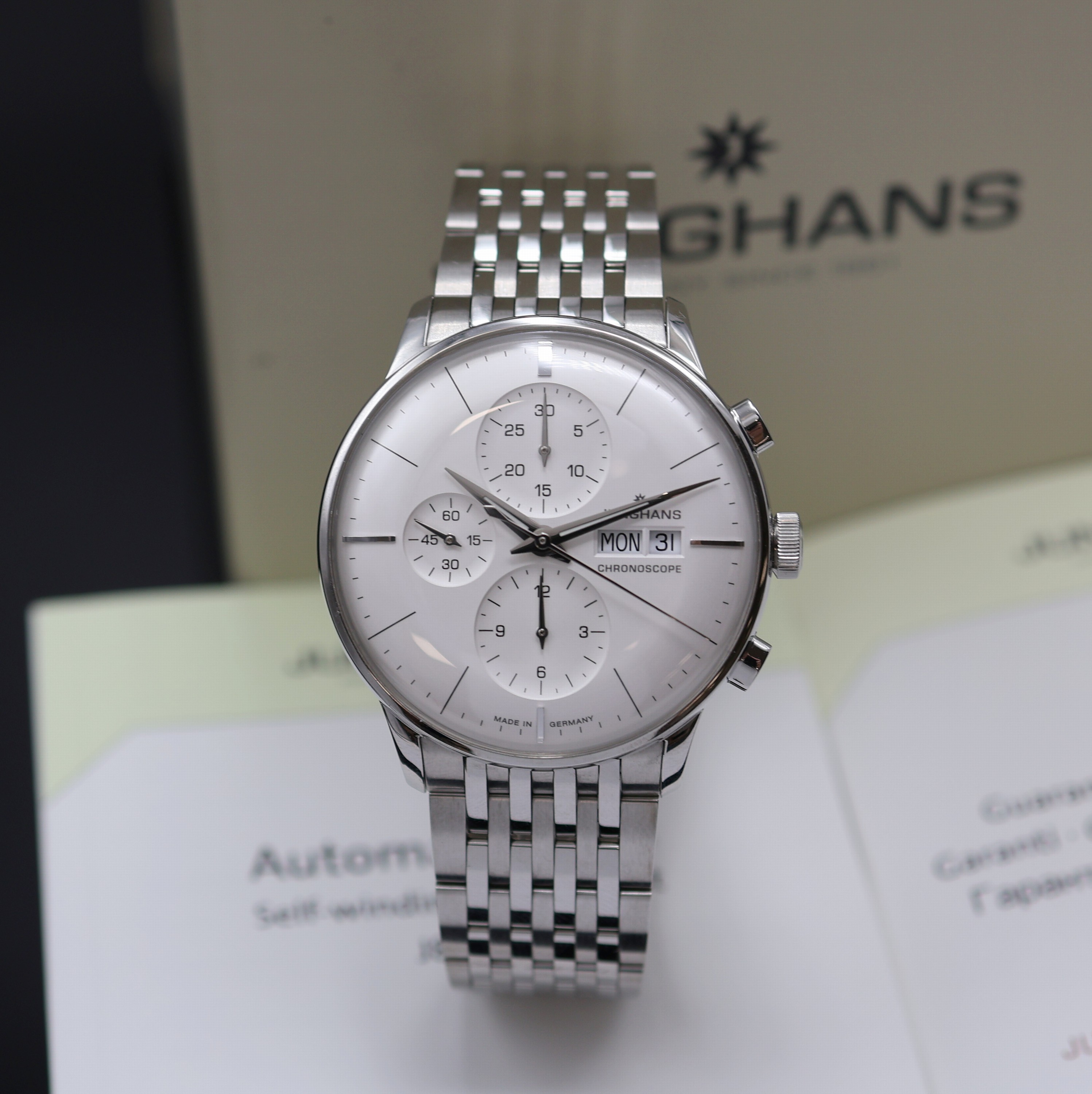 JUNGHANS Chronoscope Armbandchronograph Referenz 027/4121, Deutschland verk. lt. beil. Pap. 08/2016, Automatik, Edelstahlgeh. beids. vergl., Boden ...