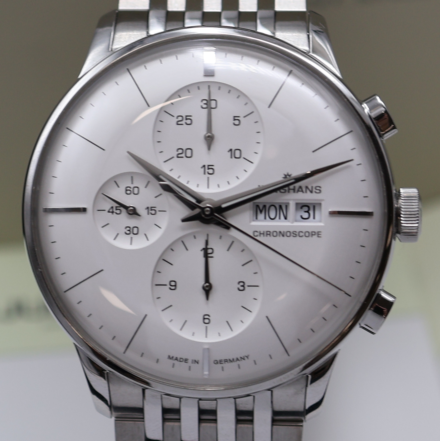 Detail a: JUNGHANS Chronoscope Armbandchronograph Referenz 027/4121, Deutschland verk. lt. beil. Pap. 08/2016, Automatik, Edelstahlgeh. beids. vergl., Boden ...