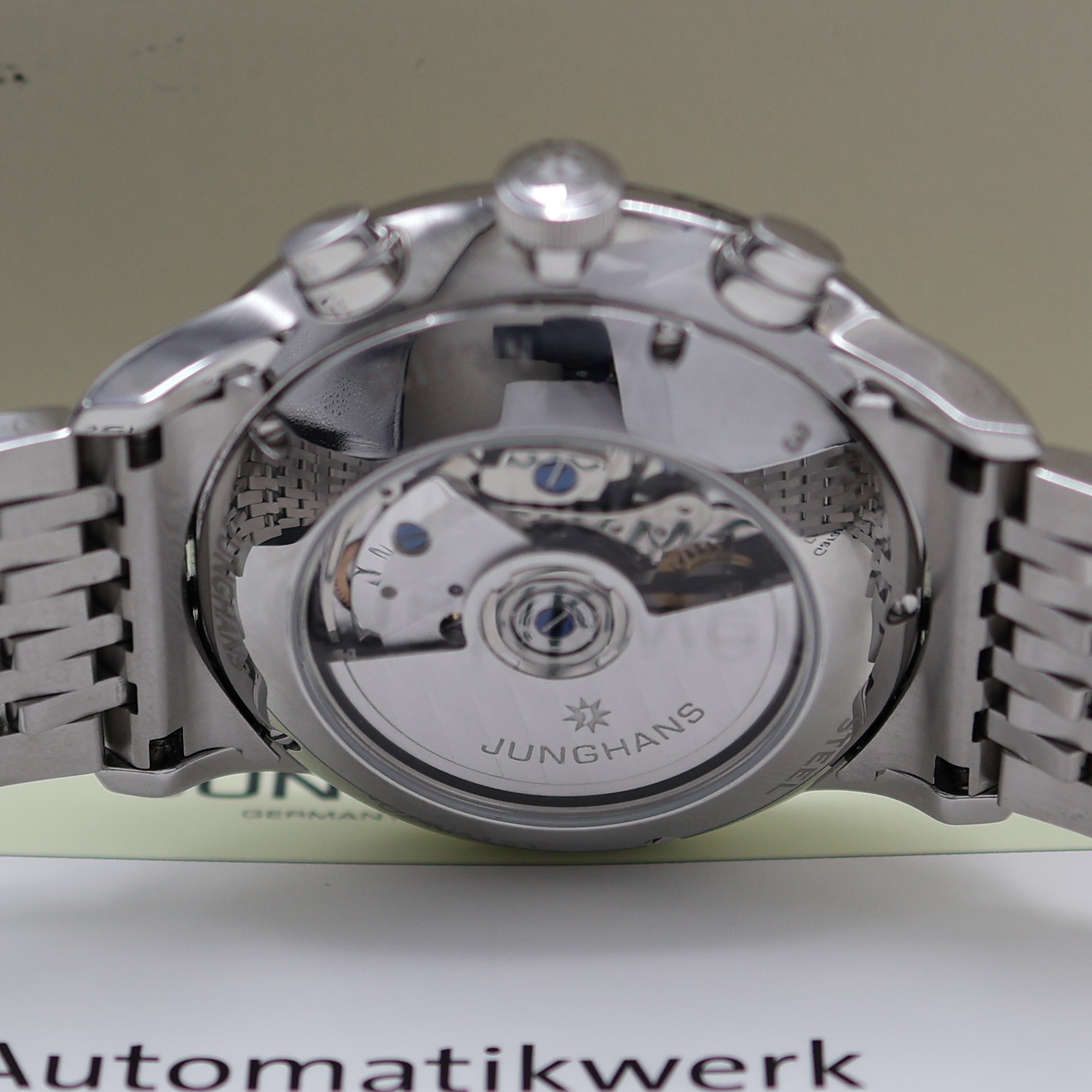 Detail d: JUNGHANS Chronoscope Armbandchronograph Referenz 027/4121, Deutschland verk. lt. beil. Pap. 08/2016, Automatik, Edelstahlgeh. beids. vergl., Boden ...