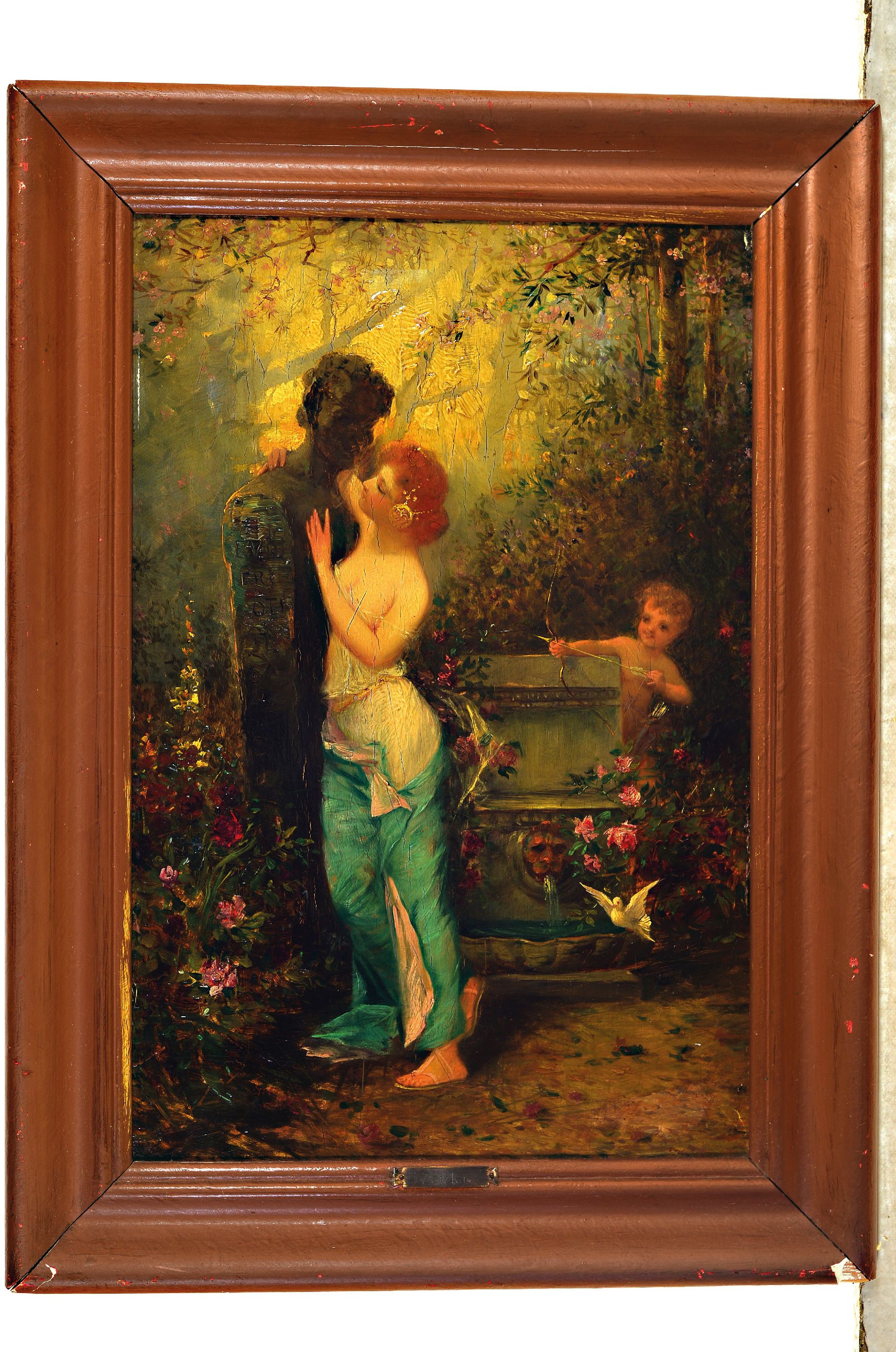 Detail k: Hans Zatzka bzw. Johann Franz Cacka, 1859-1945 Breitensee, junge Frau an eine Herme des Faun geschmiegt, im Hintergrund Cupido mit gespanntem Bogen, ...