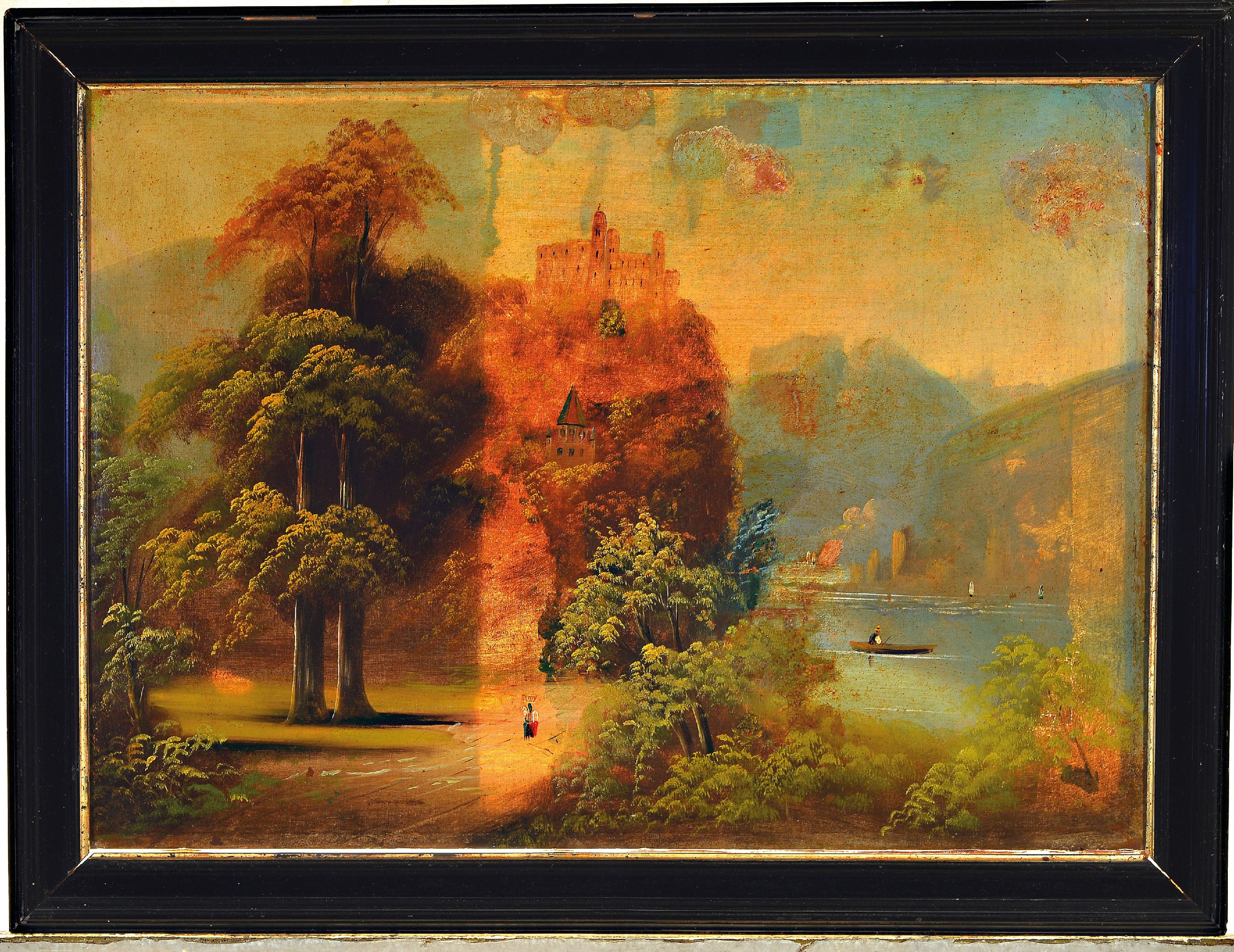 Detail k: Unbekannter Künstler der Mitte des 19.Jh., Rheinlandschaft mit Blick auf eine Burg, unsigniert, Öl/Lwd, Rahmen 56x74 cm