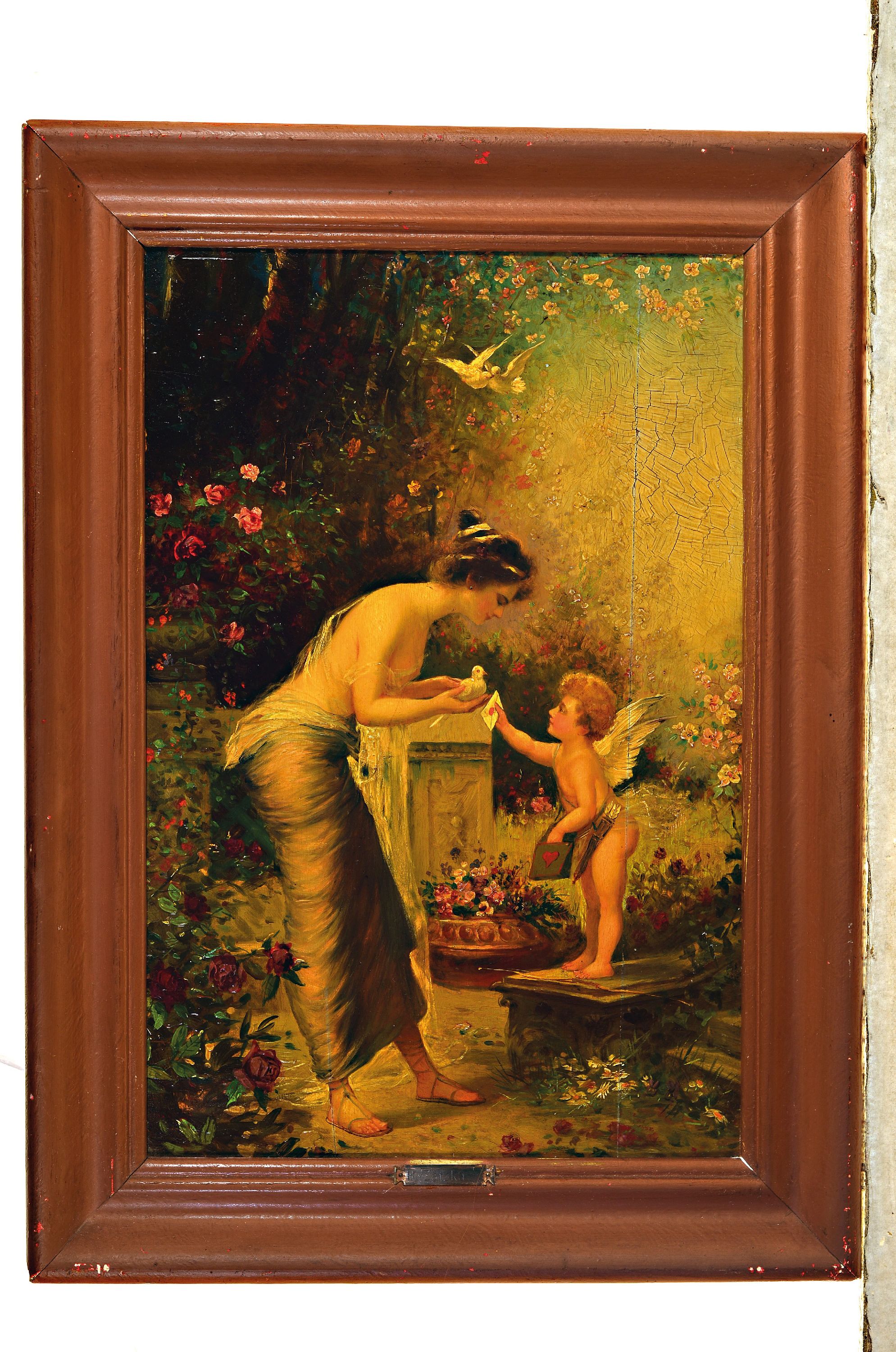 Detail k: Hans Zatzka bzw. Johann Franz Cacka, 1859-1945 Breitensee, junge Frau übergibt Cupido eine Taube samt Liebesbrief, rechts unten fragmentarisch in ...