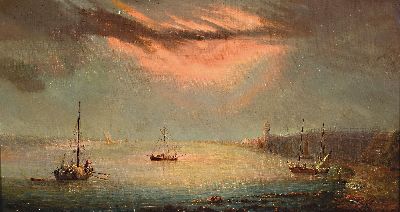Image 26981672 - Natalie Burlin, 1875-1921, südliche Hafenlandschaft bei Sonnenuntergang, rechts ...