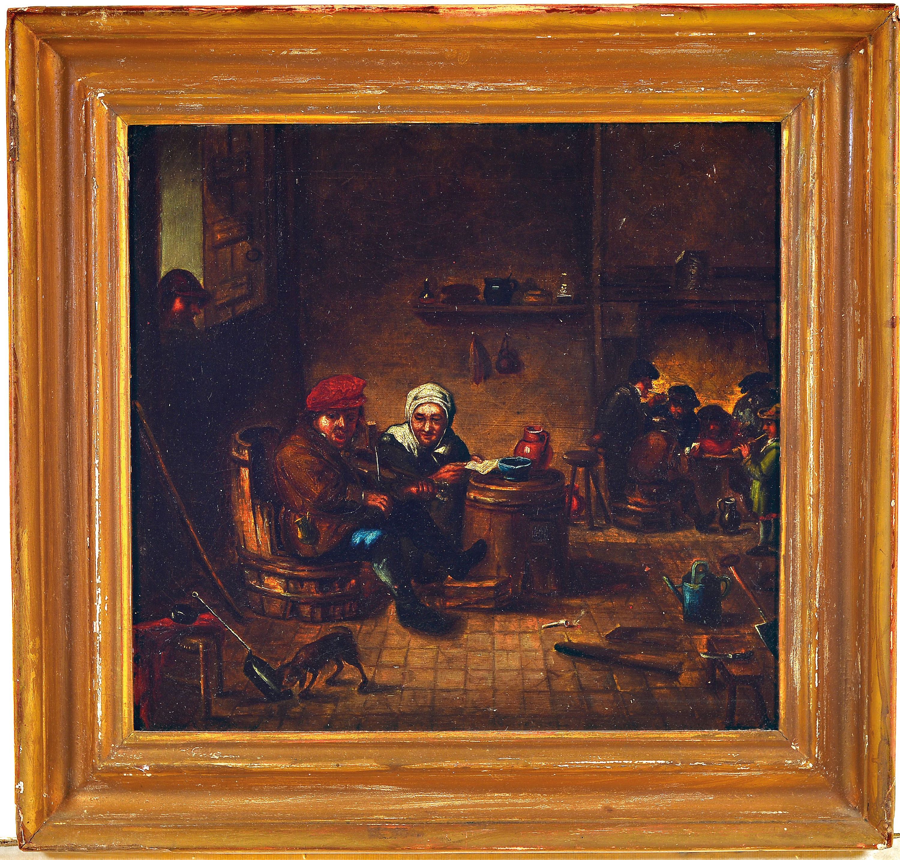 Detail k: Unbekannter Künstler, Niederlande, 18. Jh., Wirtshausinterieur, Öl/Lwd, restauriert, 36x39cm, Rahmen 47x49 cm