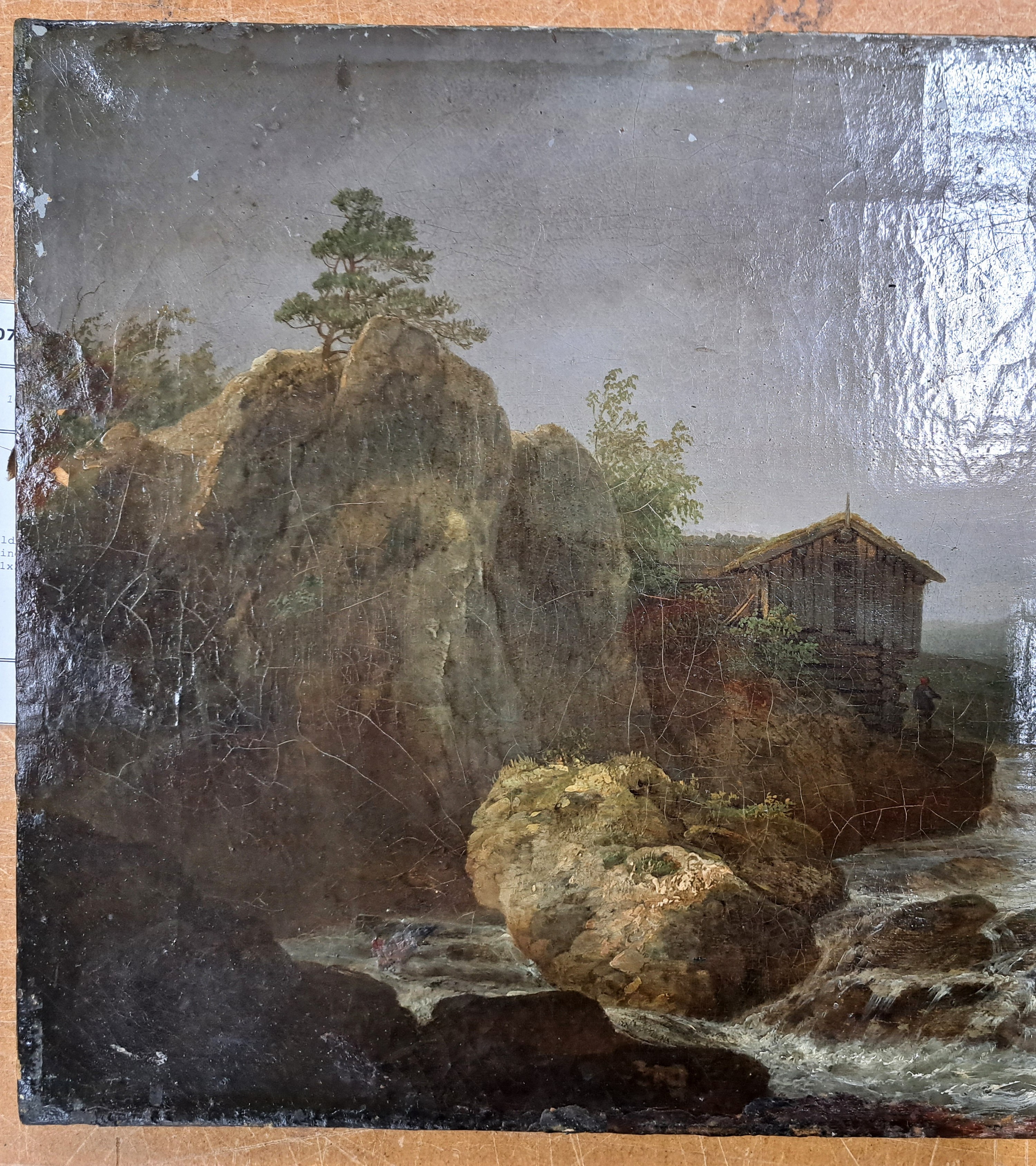 Detail a: Unbekannter Künstler, deutsch, 2. Hälfte 19. Jh., Landschaft mit Wildbach und Bauernhaus, Öl/Lwd, altersbedingt krakeliert, ca. 32x43cm, R. ca. ...