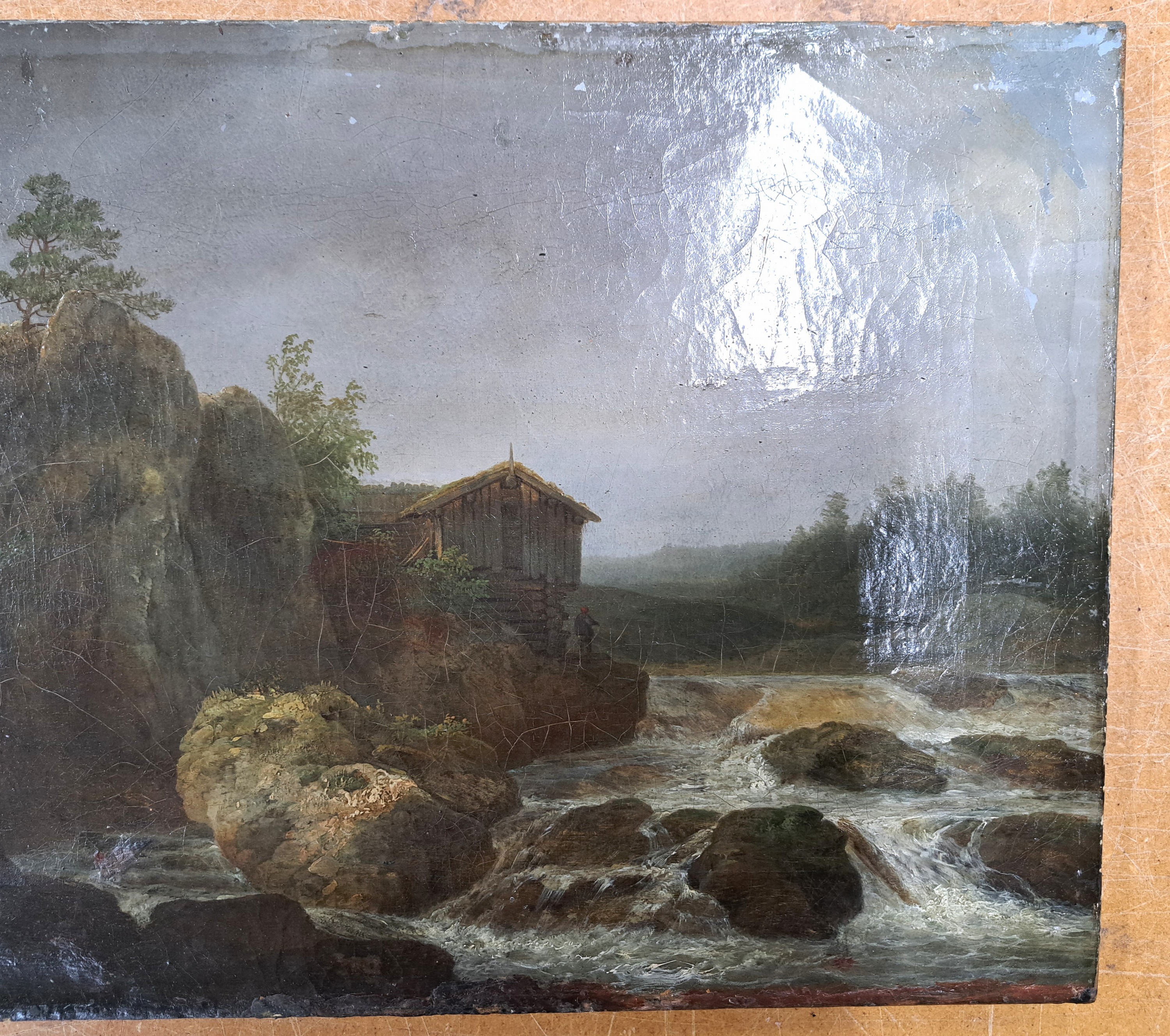 Detail b: Unbekannter Künstler, deutsch, 2. Hälfte 19. Jh., Landschaft mit Wildbach und Bauernhaus, Öl/Lwd, altersbedingt krakeliert, ca. 32x43cm, R. ca. ...