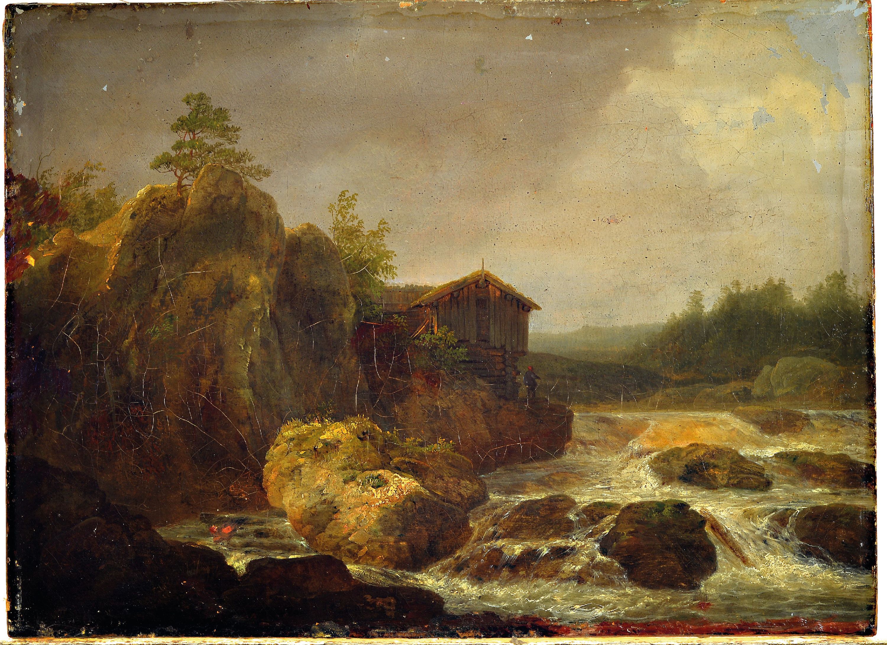 Detail k: Unbekannter Künstler, deutsch, 2. Hälfte 19. Jh., Landschaft mit Wildbach und Bauernhaus, Öl/Lwd, altersbedingt krakeliert, ca. 32x43cm, R. ca. ...