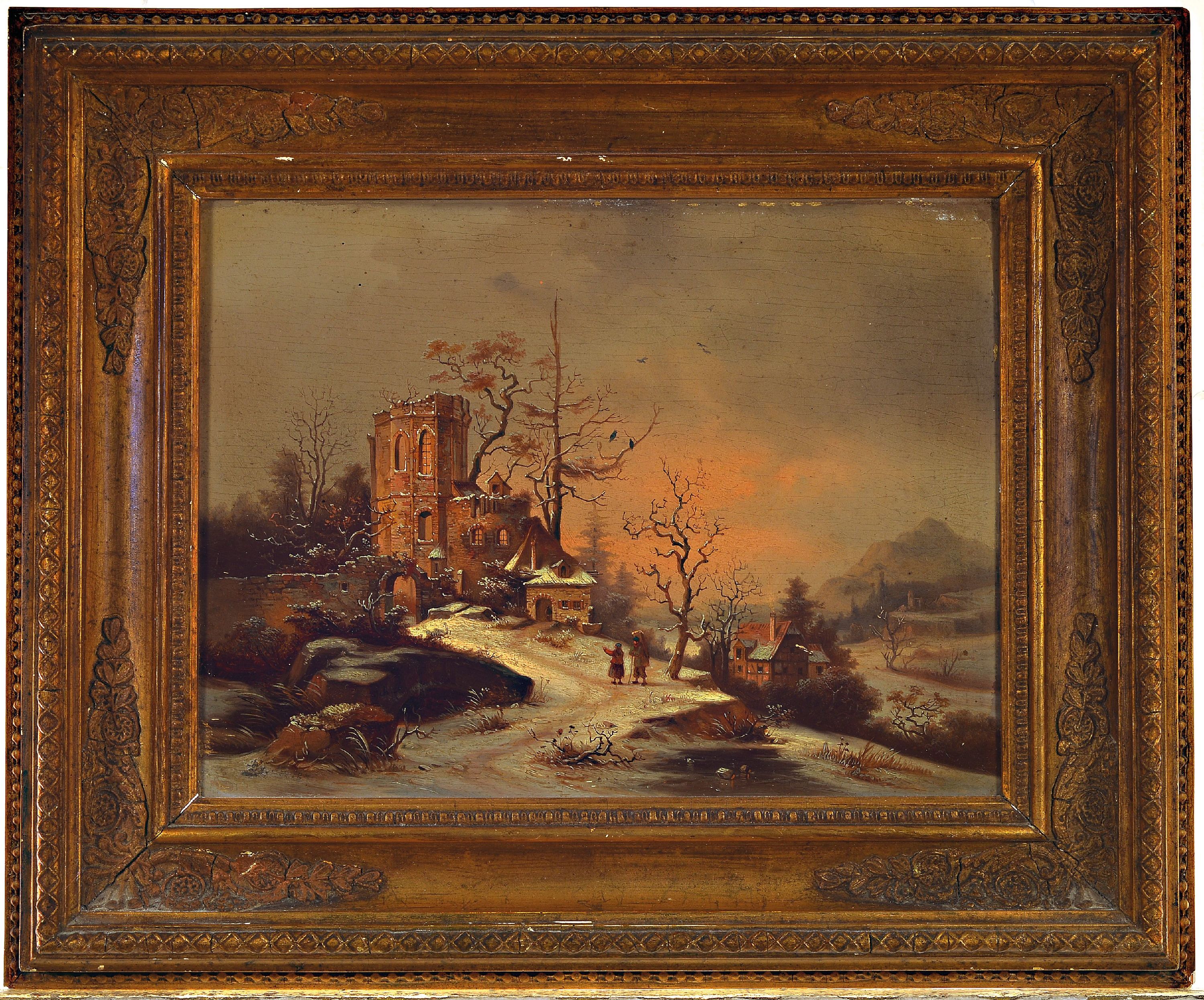 Detail k: Unbekannter Künstler des späten 19.Jh., verschneite Winterlandschaft mit Ruine, verso bez. "Schloß Colmberg, links unten unleserlichsigniert ...