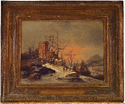 26981752k - Unbekannter Künstler des späten 19.Jh., verschneite Winterlandschaft mit Ruine, verso ...