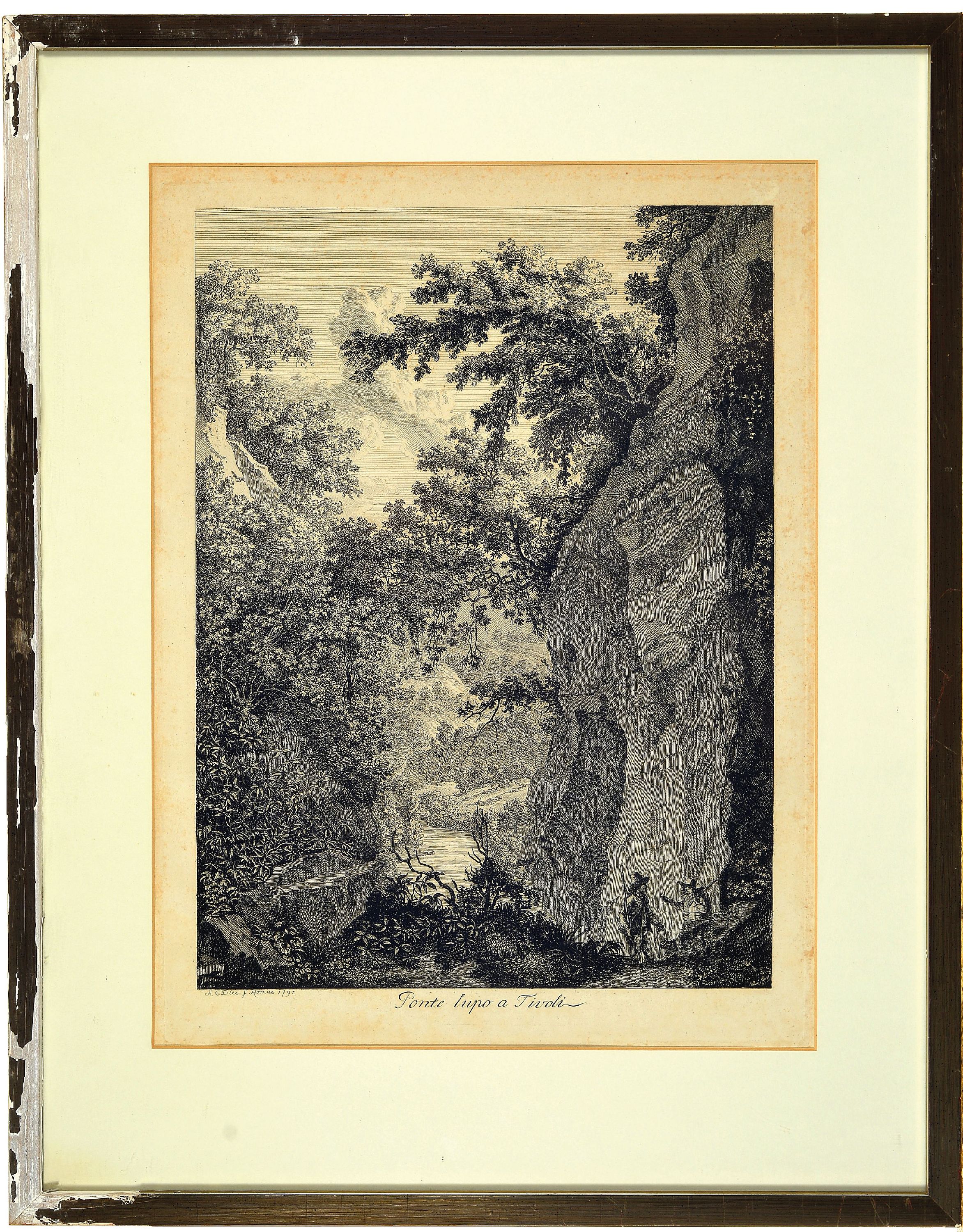 Detail k: Albert Christophe Dies, 1755-1822, 2 Kupferstiche von 1792, Ponte Lupo a Tivoli, ca. 33x24cm, PP, u.Gl., R. besch., Muro torto preso in Villa ...