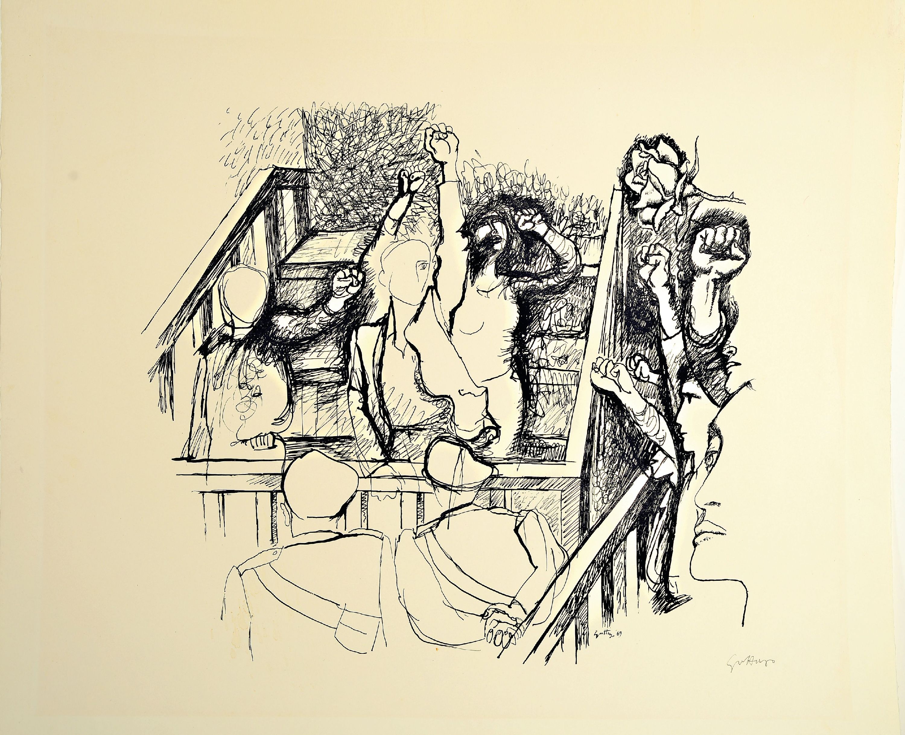 Detail k: Renato Guttuso, 1911-1987, Titel: Wiederstand, sign., Lithografie auf Büttenpapier, ca. 65x77cm