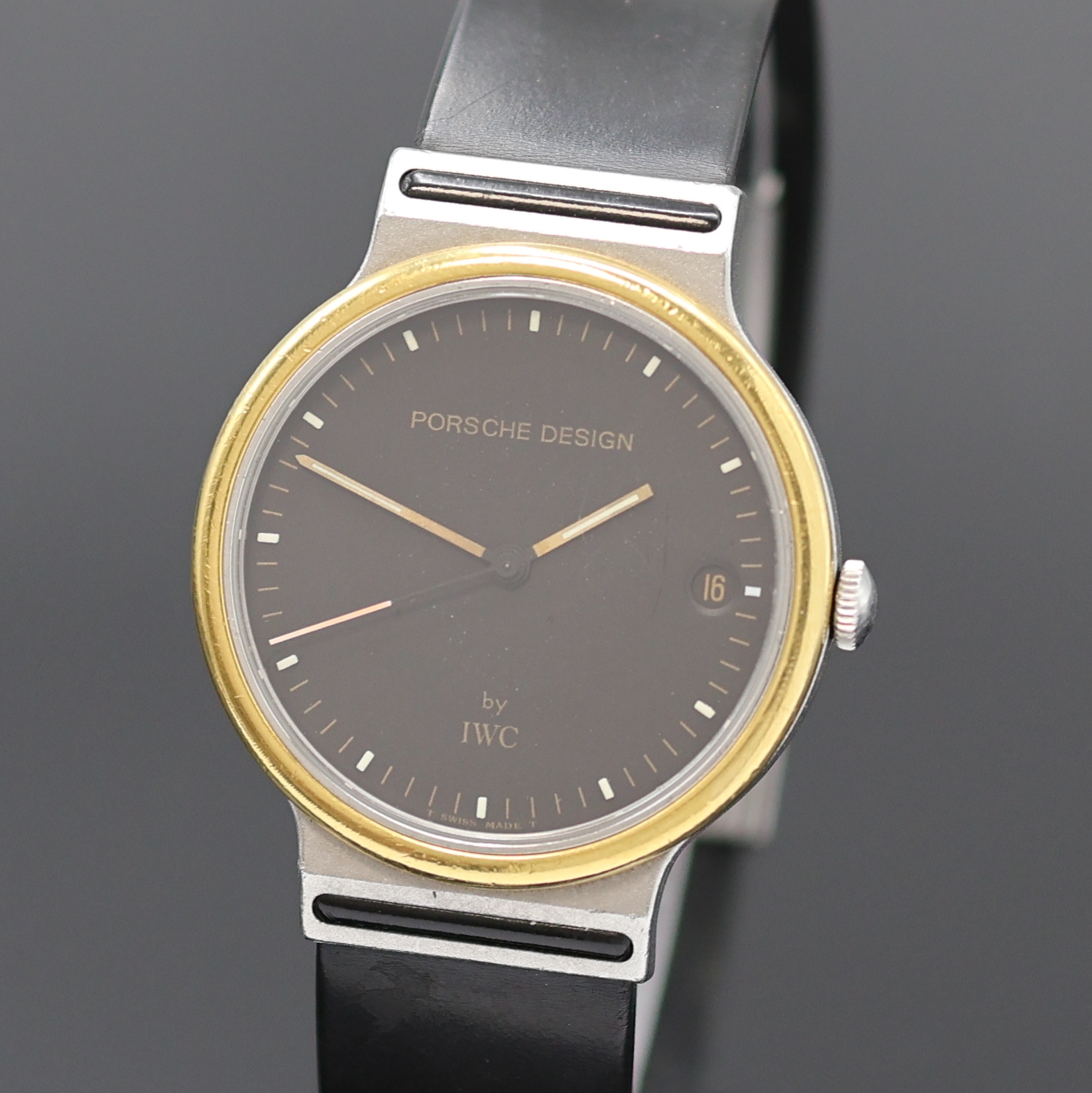 Detail a: PORSCHE DESIGN by IWC Armbanduhr Referenz 3320, Schweiz um 1990, quarz, Edelstahl/GG Lünette m. orig. Kautschukband m. Faltschl., Boden verschr., ...